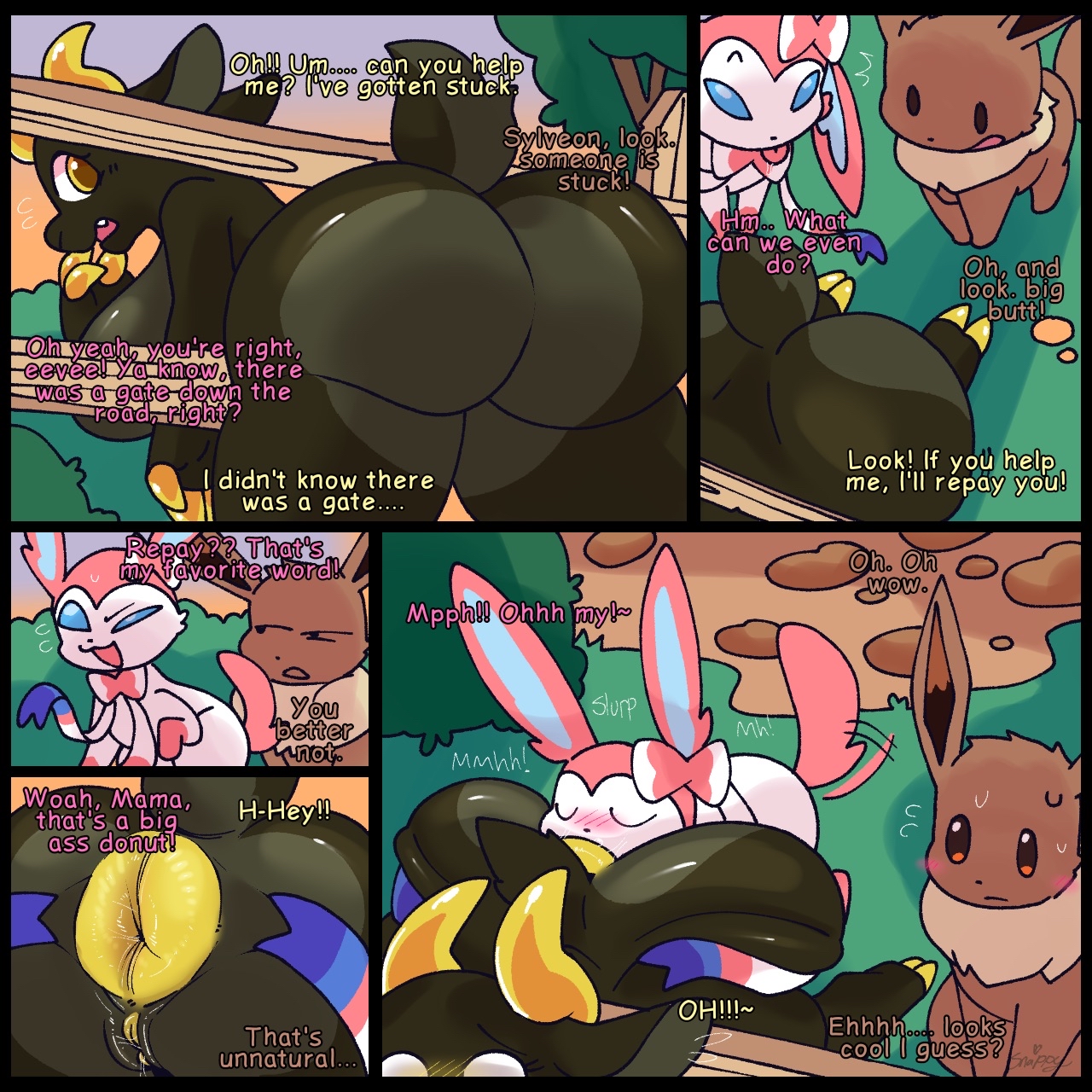 1:1, 2025, anal, anthro, anus, ass, balls, big ass, big balls, big breasts, big butt, blush, blush lines, bodily fluids, breasts, brown body, brown fur, colored, comic, dialogue, digital drawing (artwork), digital media (artwork), digital painting (artwork), eevee, eeveelution, english text, fangs, female, female penetrated, feral, foreplay, forest, forest background, from behind position, front view, fur, futanari, generation 1 pokemon, generation 6 pokemon, genitals, group, hi res, honeypop, intersex, intersex/male, looking pleasured, male, male penetrating, male penetrating female, male/female, nature, nature background, nintendo, nude, onomatopoeia, open mouth, oral, painting (artwork), penetration, plant, pokemon, pokemon (species), presenting, presenting hindquarters, puffy anus, rimming, sex, shaded, short stack, signature, smile, snappy snaz, snazzle snapp, sound effects, stuck in fence, sunset, sweat, sweatdrop, sylveon, tail, tail motion, tailwag, teeth, text, thick thighs, trans, trans woman, tree, trio