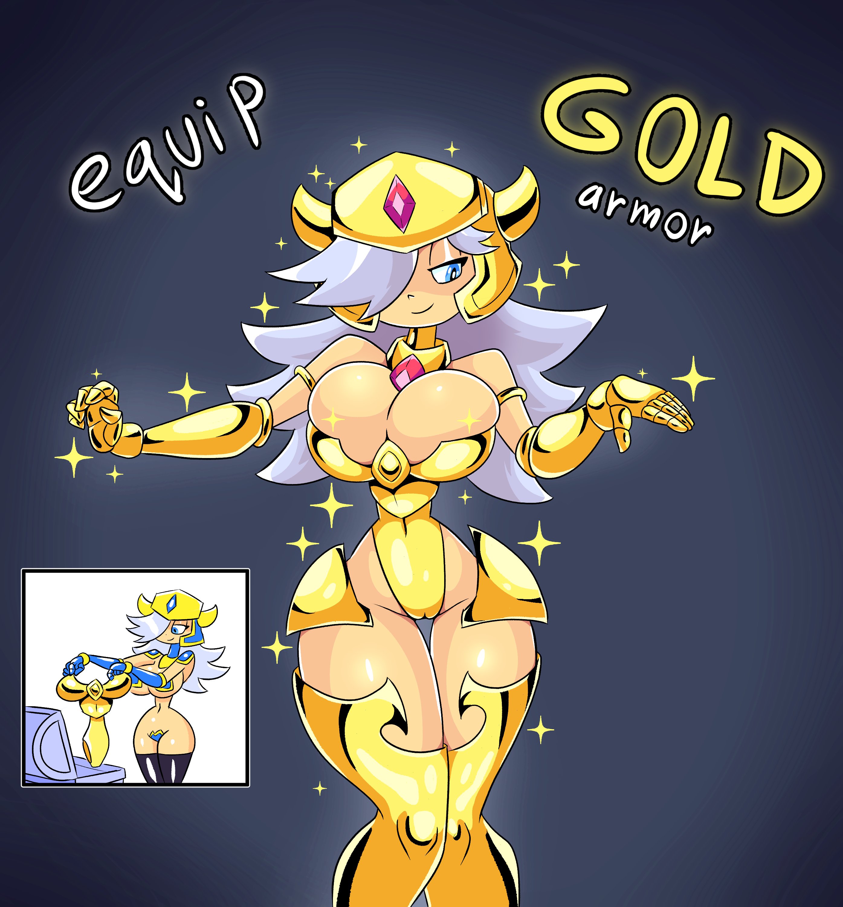 1girls, armor, big breasts, blue eyes, booby knight (drshanks24), booby quest, breasts, drshanks24, english text, female, female only, gold (metal), gold armor, grey hair, hair over one eye, long hair, narrowed eyes, revealing clothes, skimpy, skimpy armor, skimpy clothes, smiling, solo, text, thick thighs, thigh gap, very high resolution, wide hips