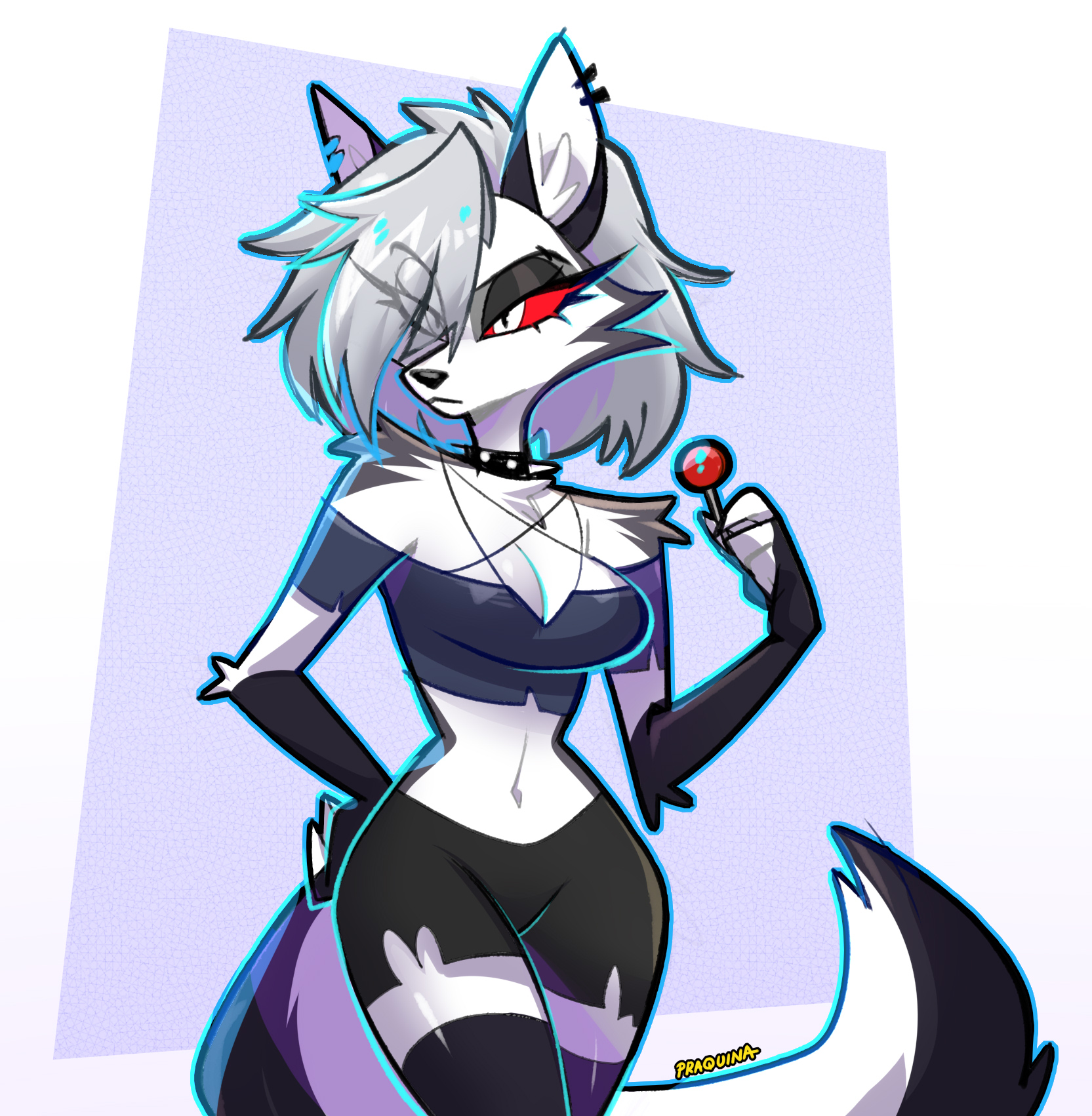 1girls, 2025, anthro, breasts, canid, canine, canis, choker, cleavage, clothed, clothing, collar, crop top, demon, demon girl, ear piercing, ears, exposed midriff, eyebrows visible through hair, eyelashes, female, fingerless gloves, fluffy, fluffy ears, fluffy tail, furry, goth, goth girl, grey body, grey fur, grey hair, hair over one eye, hand on hip, hellhound, helluva boss, lollipop, long hair, looking away, looking to the side, loona (helluva boss), makeup, midriff, mythology, no bra, notched ear, praquina, red sclera, revealing clothes, shirt, short hair, shorts, spiked collar, tail, thick thighs, thighhighs, topwear, two-tone body, two-tone fur, two-tone tail, vivienne medrano, vivziepop, white body, white eyes, white fur, wolf, wolf girl