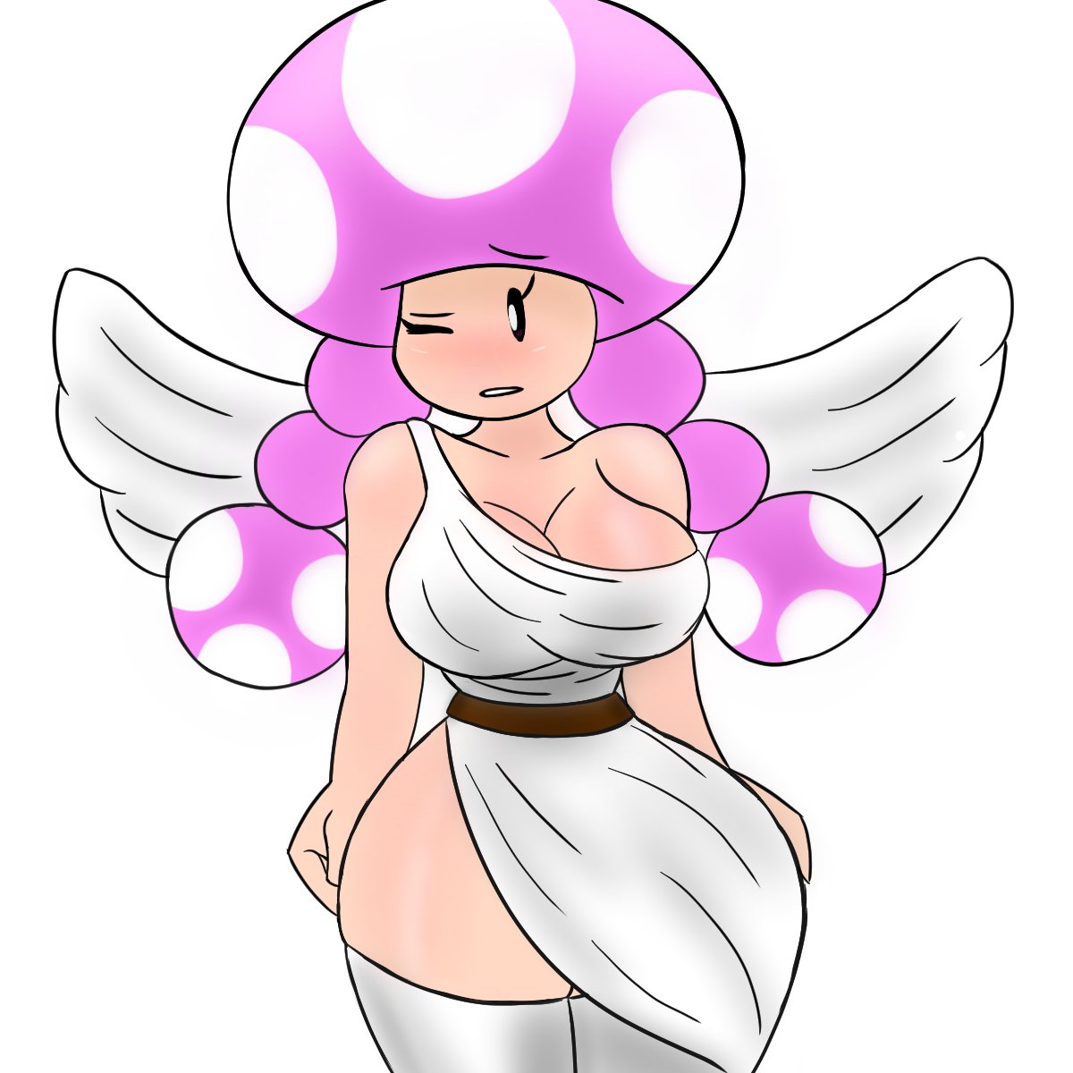 1:1 1girls angel angel_wings anthro anthrofied bare_shoulders belt big_breasts big_thighs black_eyes blush breasts cleavage clothed clothing curvy cute eyebrows eyelashes female female_only hips huge_breasts huge_thighs humanoid large_breasts large_thighs light-skinned_female light_skin mario_(series) mushroom nintendo no_nose one_eye_closed pale-skinned_female pale_skin pigtails simple_background solo solo_female standing stockings teeth thick thick_thighs thighhighs thighs toadette twygz voluptuous white_background wide_hips wings wink