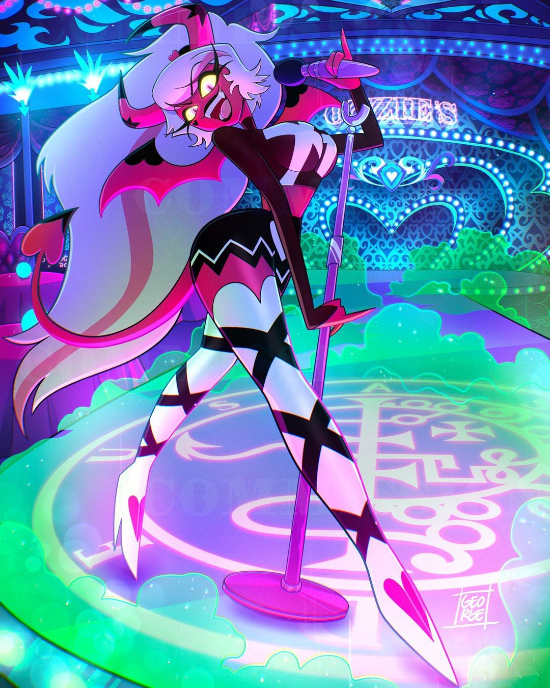 1girls, breasts, demon, female, female only, helluva boss, high heels, legs, microphone, no visible genitalia, open mouth, solo, solo female, succubus, verosika mayday (helluva boss)