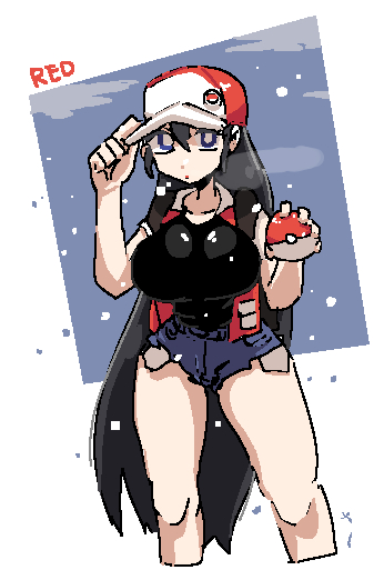 1girls, baseball cap, black hair, blue eyes, breasts, cap, female, female only, genderswap, genderswap (mtf), hat, jean shorts, large breasts, leebongchun, pokeball, pokemon, red (pokemon), rule 63, shorts, snow, snowing, solo, trucker hat, very long hair