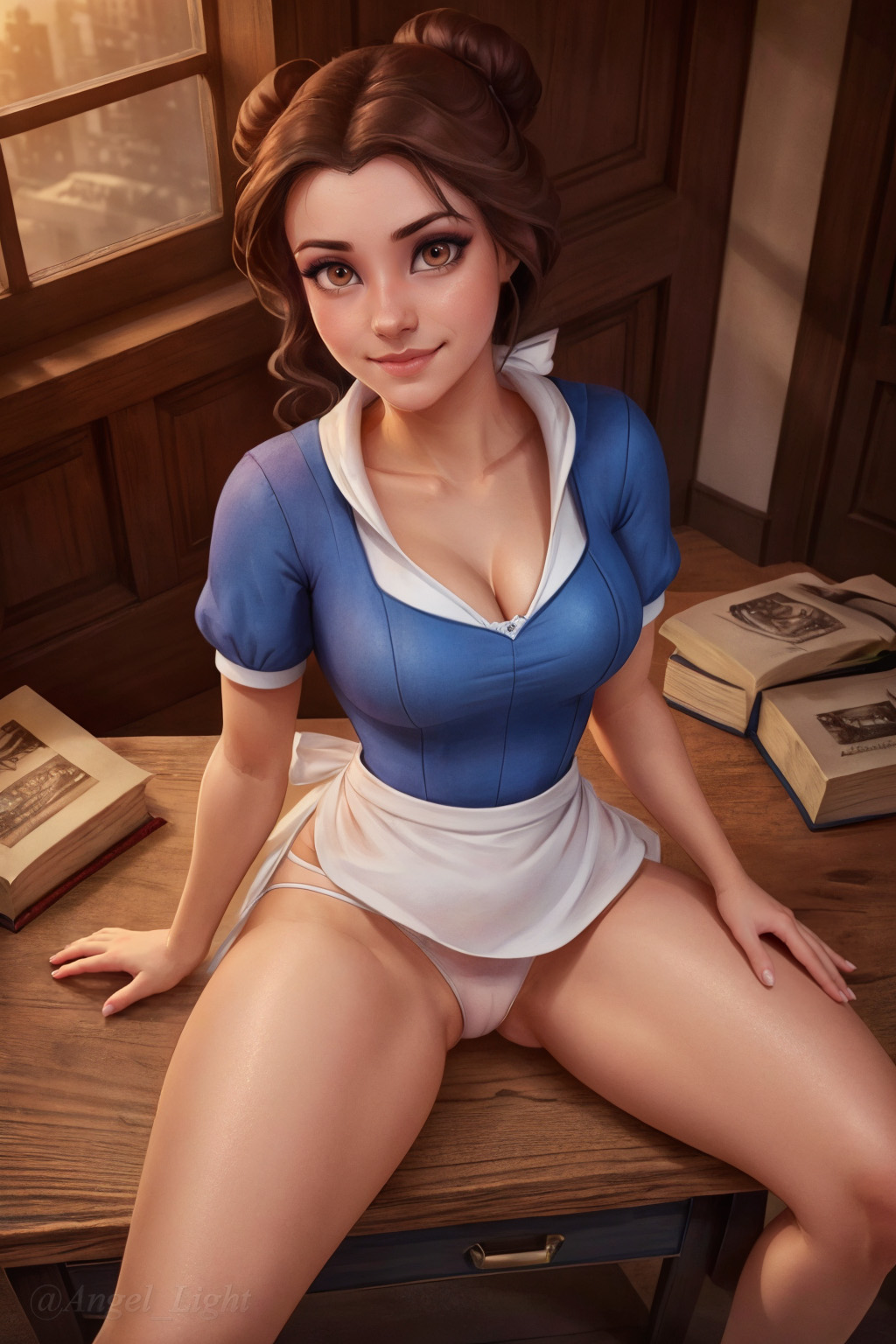 ai generated, angel light, angel light (artist), beauty and the beast (1991 film), belle (beauty and the beast), brown hair, disney, disney princess, female, panties, princess