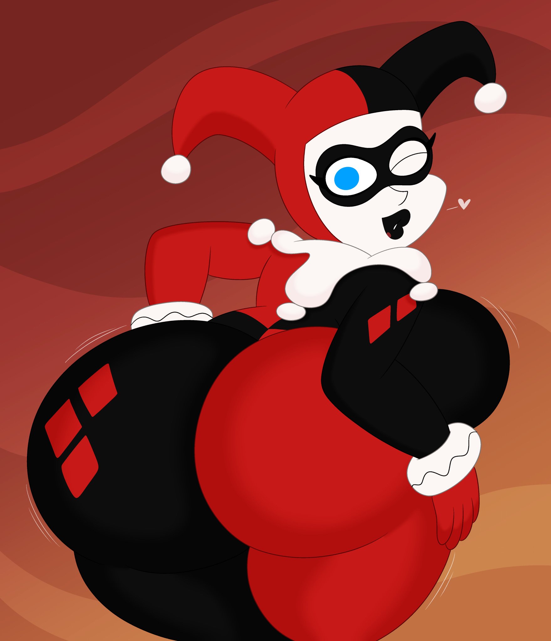 1girls, 2024, 3barts, ass, ass focus, batman (series), big ass, big breasts, blue eyes, breasts, clothed, clothed female, dc, dc comics, female, female only, harley quinn, harley quinn (classic), huge ass, jester outfit, looking at viewer, looking back, red background, solo, wink, winking at viewer