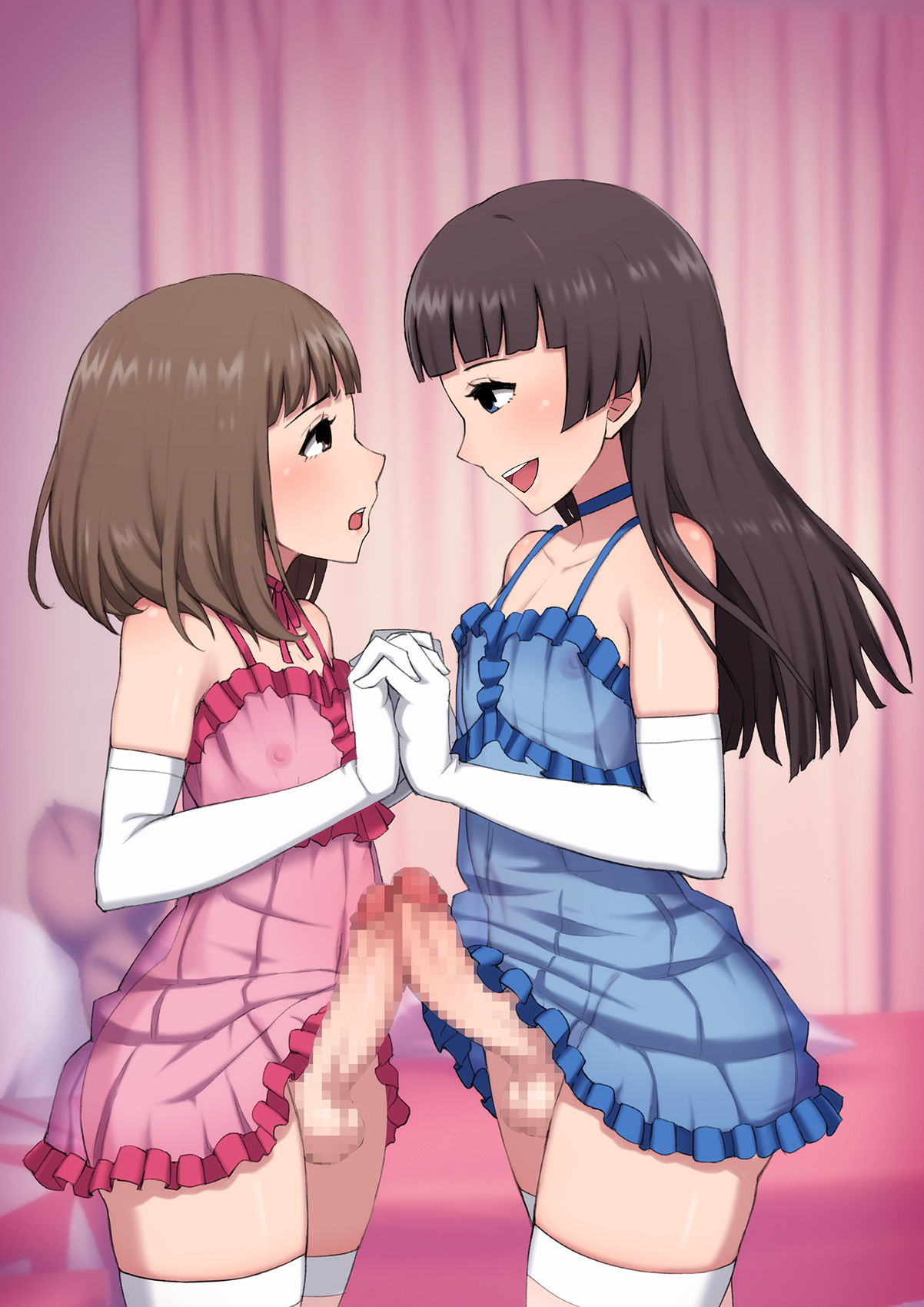 2boys, artist cg, black hair, bottomless, brown hair, censored, crossdressing, erection, femboy, femboy on femboy, frottage, lingerie, long hair, male, male only, medium hair, mesu ochi daigaku inran josou dorei ni otosareta yuutousei no matsuro, momoka/touma nishino, mosaic censoring, negligee, nipples, penis, rika hayami, smile, standing, stockings, trap, trap on trap, wataya 2, yaoi
