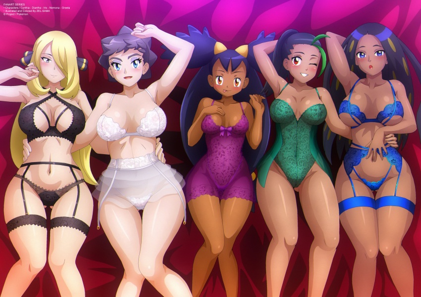 5girls :p at bedroom big_breasts black black_lingerie blonde_hair blue_eyes blue_lingerie cynthia_(pokemon) dark-skinned_females diantha_(pokemon) female_only game_freak geeta_(pokemon) gray_eyes green_lingerie hair hair_ornament hair_over_one_eye iris_(pokemon) lingerie looking medium_breasts multiple_girls nemona_(pokemon) nintendo pokemon pokemon_bw pokemon_champion pokemon_dppt pokemon_sv pokemon_xy purple_lingerie red_eyes viewer white_lingerie zel-sama