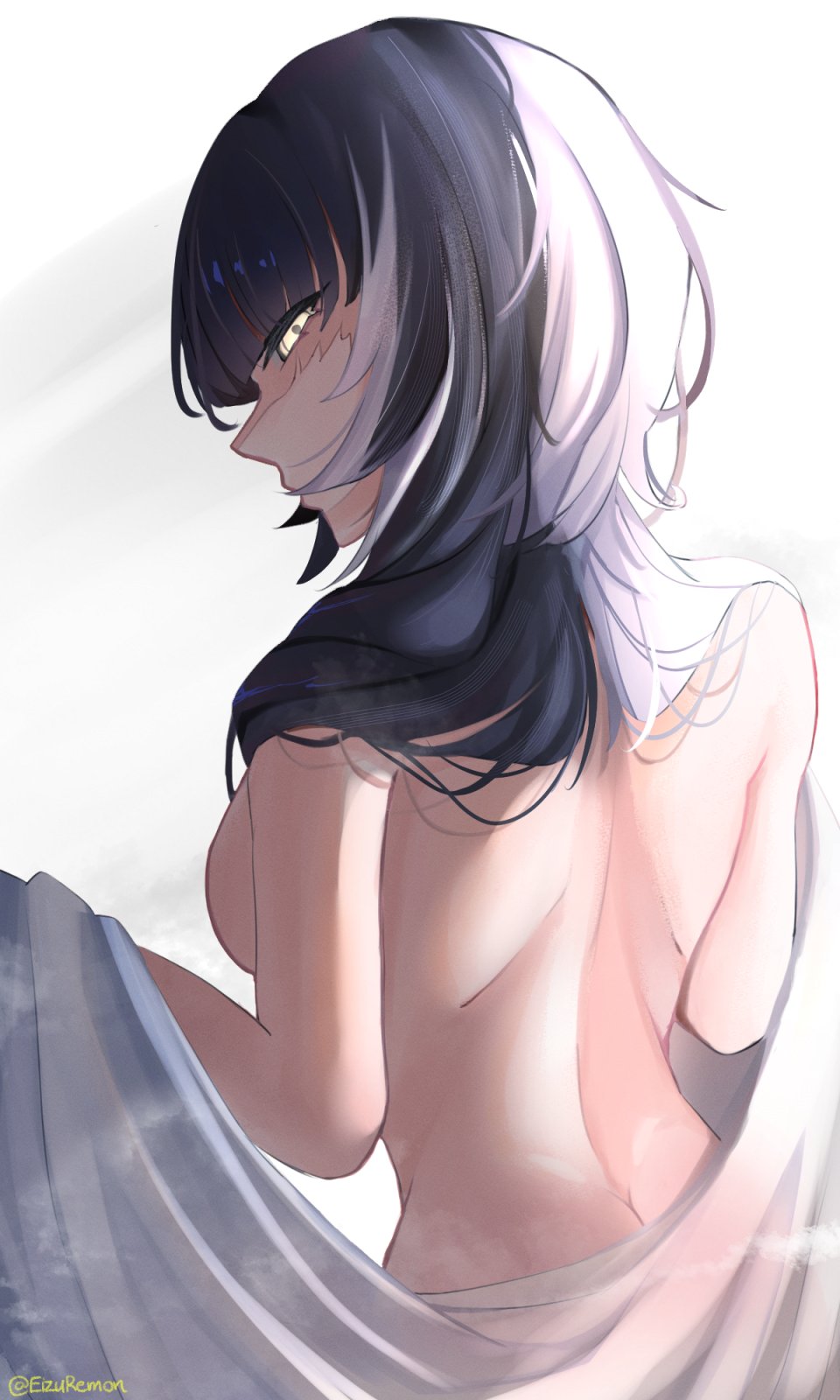 1girls, back view, black and white hair, breasts, cute, eizuremon, female, head turned, hololive, hololive english, hololive english -advent-, light skin, light-skinned female, long hair, looking at viewer, looking back, neutral expression, nude, nude female, shiori novella, sideboob, two-tone hair, virtual youtuber, yellow eyes