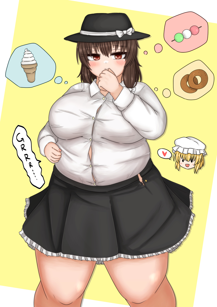 bbw belly_overhang big_belly big_female blush chubby chubby_female embarrassed fat fat_female fat_fetish fat_girl fat_woman fatty ice_cream large_female obese obese_female overweight overweight_female pl plump pork_chop renko_usami thick_thighs tight_clothing tight_fit touhou tubby weight_gain