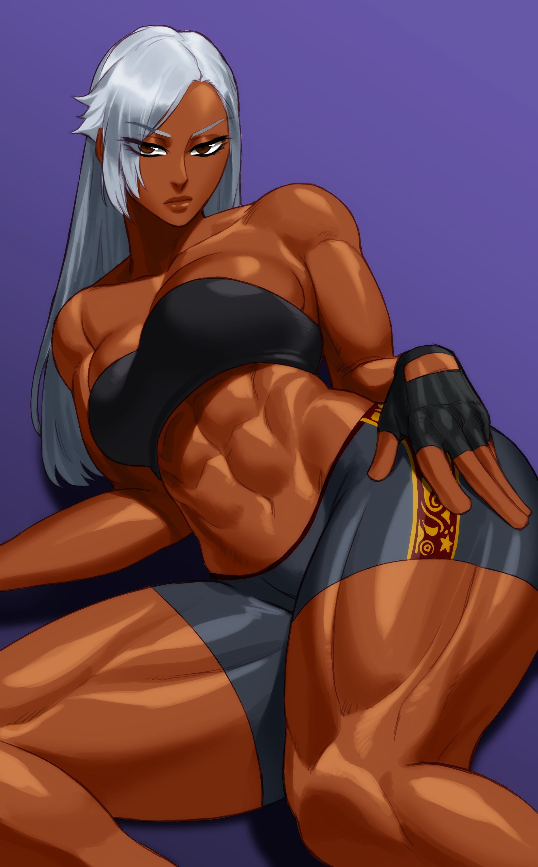 1girls, commission, dark skin, dark-skinned female, female, female only, fingerless gloves, fit, fit abs, fit female, long hair, looking at viewer, lying on side, muscular, muscular female, muscular thighs, sega, shorts, solo, sotcho, thighs, tomboy, topwear, vanessa lewis, very high resolution, virtua fighter, white hair, workout clothes