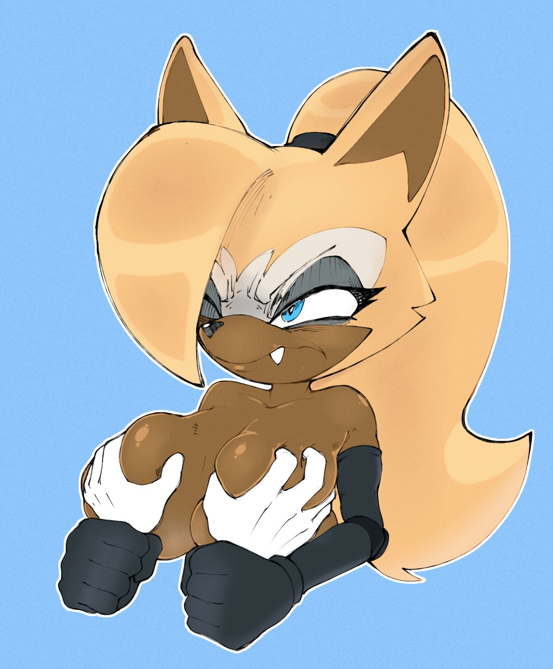 annoyed, annoyed expression, anthro, black gloves, blonde hair, blue eyes, boob grab, breast grab, breasts, canine, canis, eyeliner, fangs, female, furry, gloves, grey clothing, groping, groping breasts, questionable consent, sega, sonic (series), sonic the hedgehog (comics), sonic the hedgehog (series), tan body, tan fur, whisper the wolf, wolf, wolf ears, wolf girl
