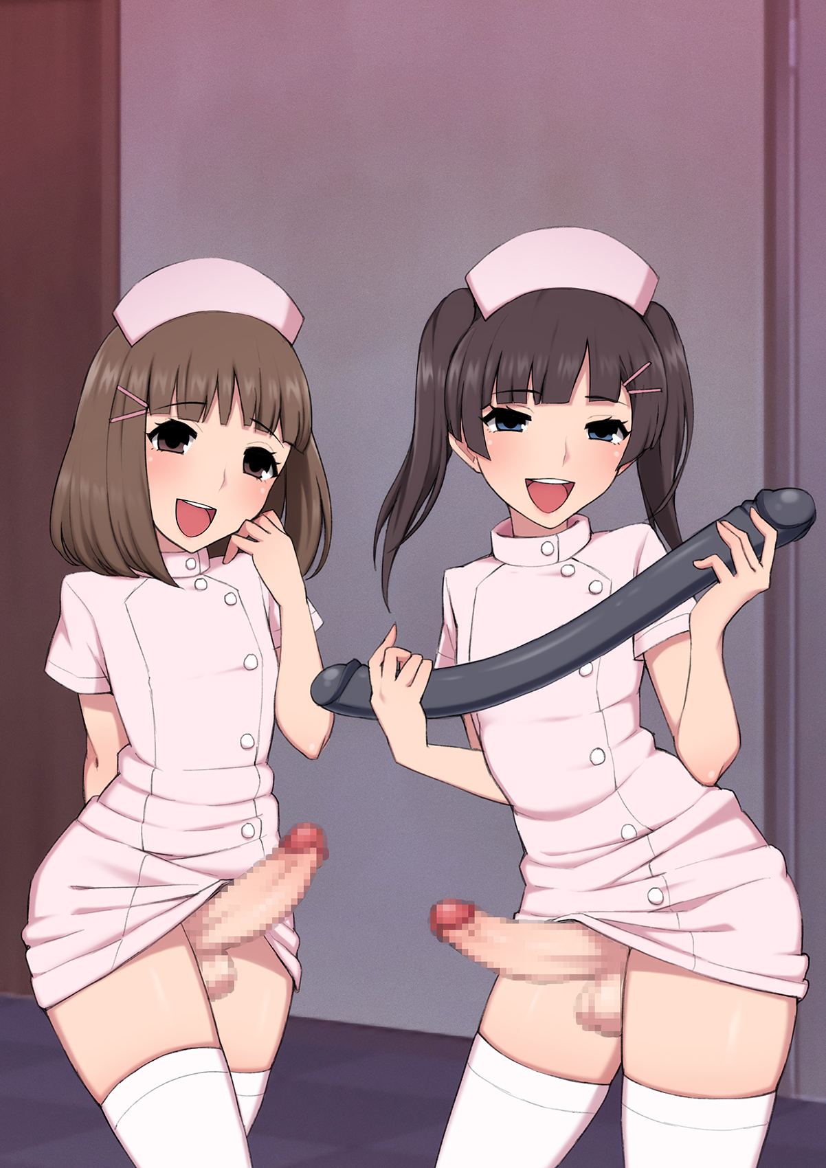 2boys, 2femboys, artist cg, black dildo, black hair, bob cut, bottomless, brown hair, censored, crossdressing, dildo, double dildo, erection, femboy, femboy nurse, feminine male, long hair, looking at viewer, male, male only, medium hair, mesu ochi daigaku inran josou dorei ni otosareta yuutousei no matsuro, momoka/touma nishino, mosaic censoring, nurse, nurse cap, nurse uniform, otoko no ko, penis, rika hayami, sex toy, smile, standing, stockings, trap, twintails, wataya 2