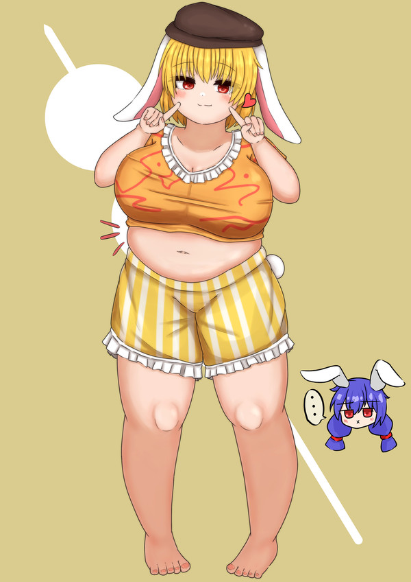 bbw belly_overhang big_belly big_female blush bunny_ears bunny_girl chubby chubby_female embarrassed fat fat_female fat_fetish fat_girl fat_woman fatty large_female overweight overweight_female plump pork_chop ringo_(touhou) thick_thighs touhou tubby weight_gain