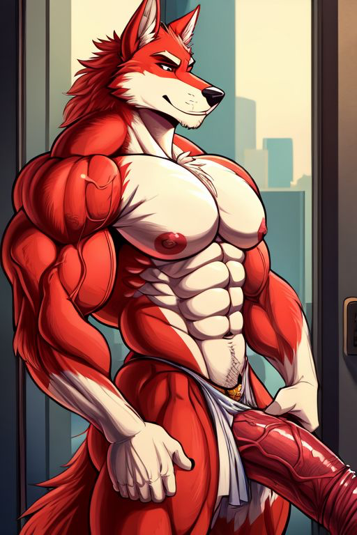 abs ai_generated anthro fluffy furry genitals happy_trail huge_cock loincloth long_penis male male_focus male_only masculine muscle muscles muscular muscular_male obliques pecs pectorals red_fur seductive solo solo_focus vascular veins veiny_penis white_fur