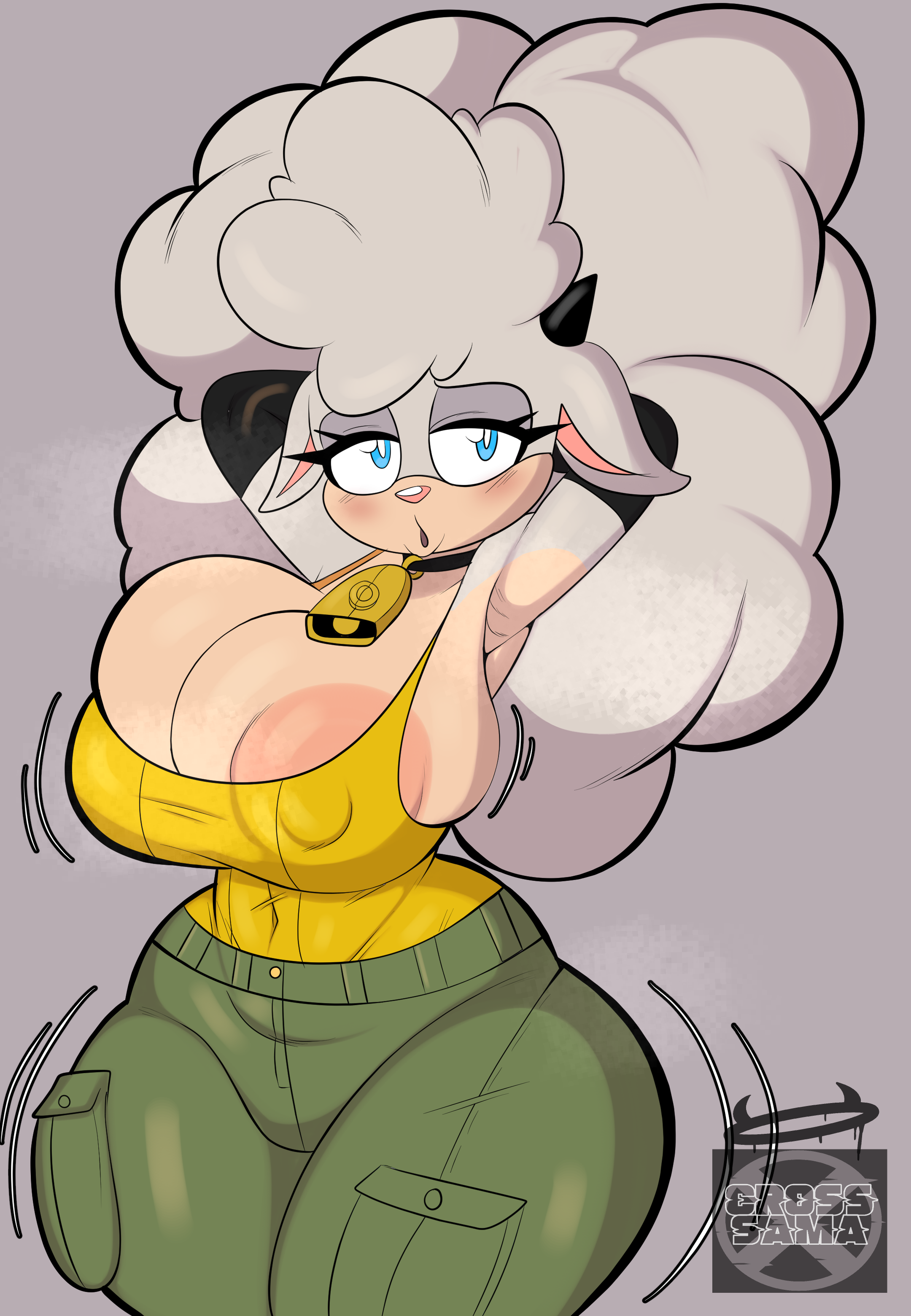 1girls, 2d, anthro, areola slip, areolae, armpits, arms up, bell, big breasts, blue eyes, breasts, busty, cleavage, clothing, cowbell, cross samax, female, female only, fully clothed, furry, furry only, hands behind head, huge breasts, idw comics, idw publishing, lanolin the sheep, large breasts, looking at viewer, mobian, mobian (species), mobian sheep, nipple bulge, no bra, sega, sheep, sheep ears, sheep girl, sheep horns, solo, sonic (series), sonic the hedgehog (comics), sonic the hedgehog (idw), sonic the hedgehog (series), thick thighs, white body, white fur, white hair, white skin, wide hips