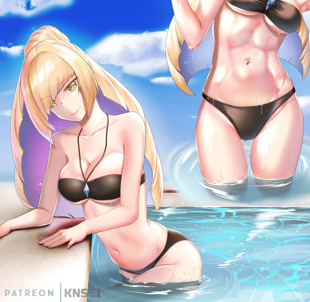 1girls, abs, athletic, athletic female, bikini, black bikini, blonde hair, breasts, female, fit, fit female, green eyes, knsei, light skin, light-skinned female, long hair, lusamine (pokemon), mature female, milf, mother, muscular, muscular female, necklace, nintendo, pale skin, pale-skinned female, pokemon, pokemon sm, smile, swimming, swimsuit, swimwear, toned, toned female, two piece swimsuit