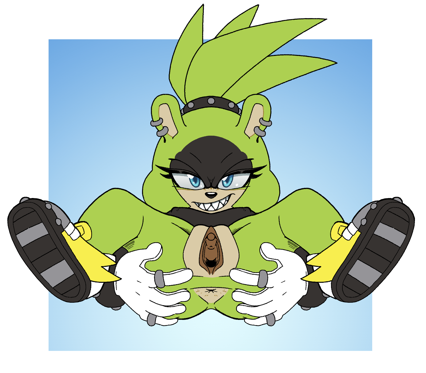 1girls, anus, ass, blue eyes, bottomless, clitoris, ear piercing, fangs, female, female only, footwear, gloves, green fur, grin, leatherruffian, long hair, looking at viewer, lying, lying on back, presenting pussy, pussy, sharp teeth, solo, sonic (series), sonic the hedgehog (comics), sonic the hedgehog (idw), sonic the hedgehog (series), spread anus, spread legs, spread pussy, spreading, surge the tenrec, tied hair