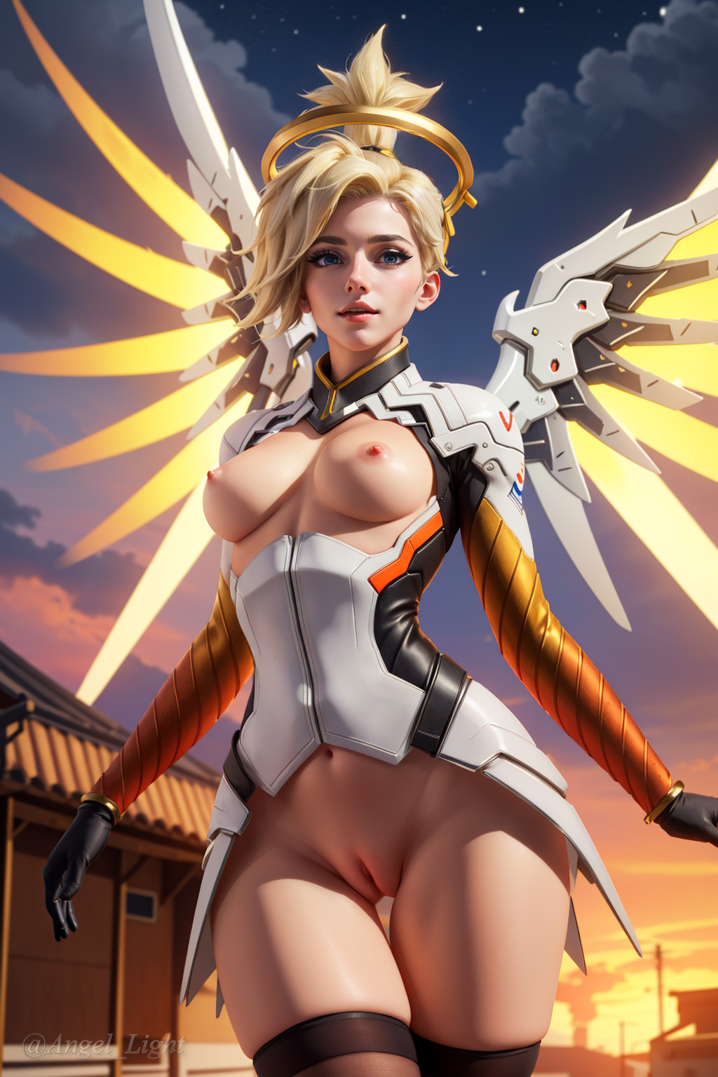 1girls, ai generated, angel light (artist), blonde hair, blue eyes, breasts, clothing cutout, exposed breasts, exposed pussy, female, female only, gloves, mechanical wings, medium breasts, mercy, navel, nipples, overwatch, pussy, solo, source request, suit, thighhighs, wings