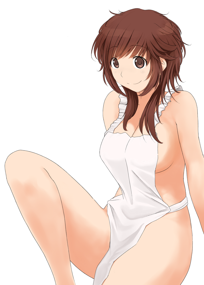 :) amagami apron armpits ass bakadere bare_hips bare_legs breasts brown_hair censored_breasts censored_vagina completely_nude covering_privates hadaka_apron knees legs naked_apron nude sakurai_rihoko seductive_smile smile teen teen_girl teenage teenage_girl teenager