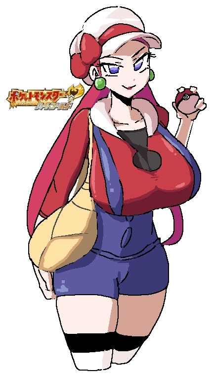 1girls bag blue_eyes blue_overalls breasts cabbie_hat cosplay costume costume_transformation earrings female hat jessie_(pokemon) large_breasts leebongchun long_hair lyra_(pokemon)_(cosplay) overalls pearl_earrings pink_hair pokeball pokemon red_bow red_shirt solo thighhighs thighs twintails yellow_bag