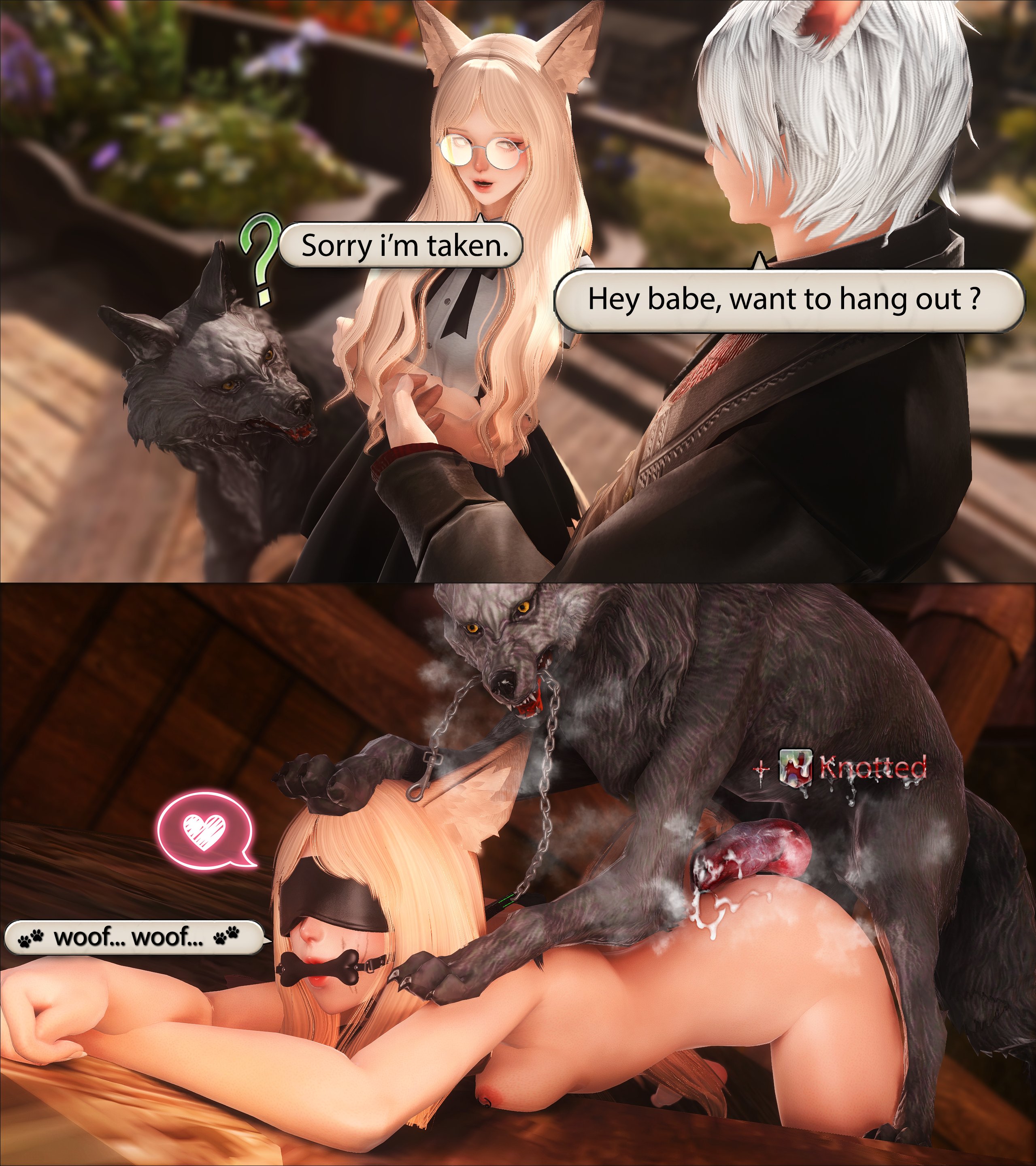 2koma, after sex, before and after, bestiality, blindfold, canine, cheating, cucked by beast, cuckold, doggy style, female, feral, feral domination, feral on female, final fantasy, final fantasy xiv, from behind, gag, gpose (ffxiv), knot, miqo'te, netorare, ntr, nude, role reversal, sex, tagme, yuunaffnsfw, zoophilia