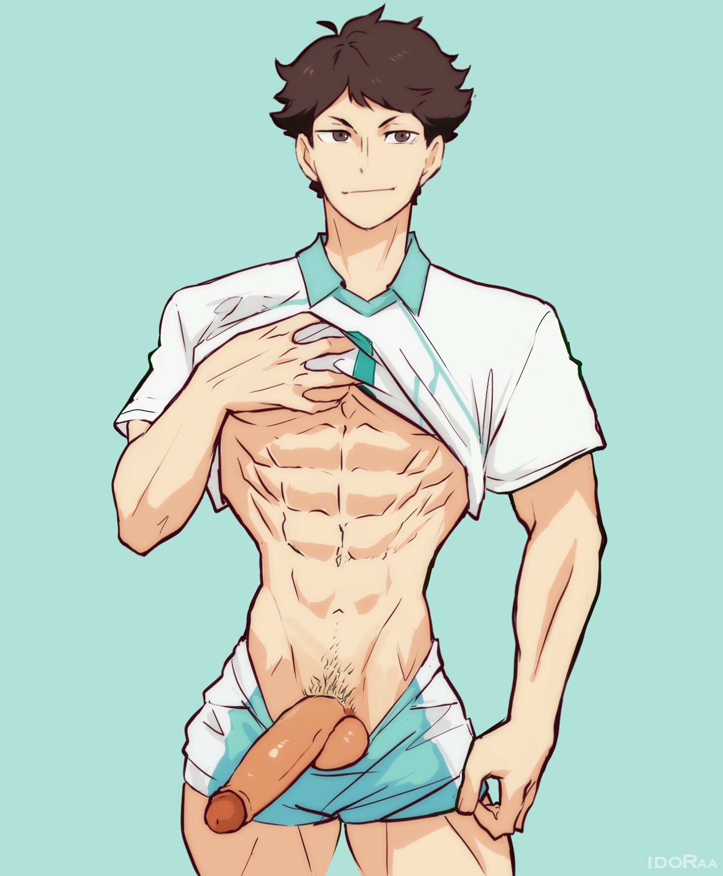 abs, bara, erect penis, erection, gay, gay male, haikyuu!!, idoraad, lilprincyvi, male, male focus, male only, masculine, muscular, oikawa tooru (haikyuu!!), penis, penis out, shirt lift, shirt up, smile, smiley face, solo, solo focus, solo male, volleyball shorts, volleyball uniform, waist, yaoi