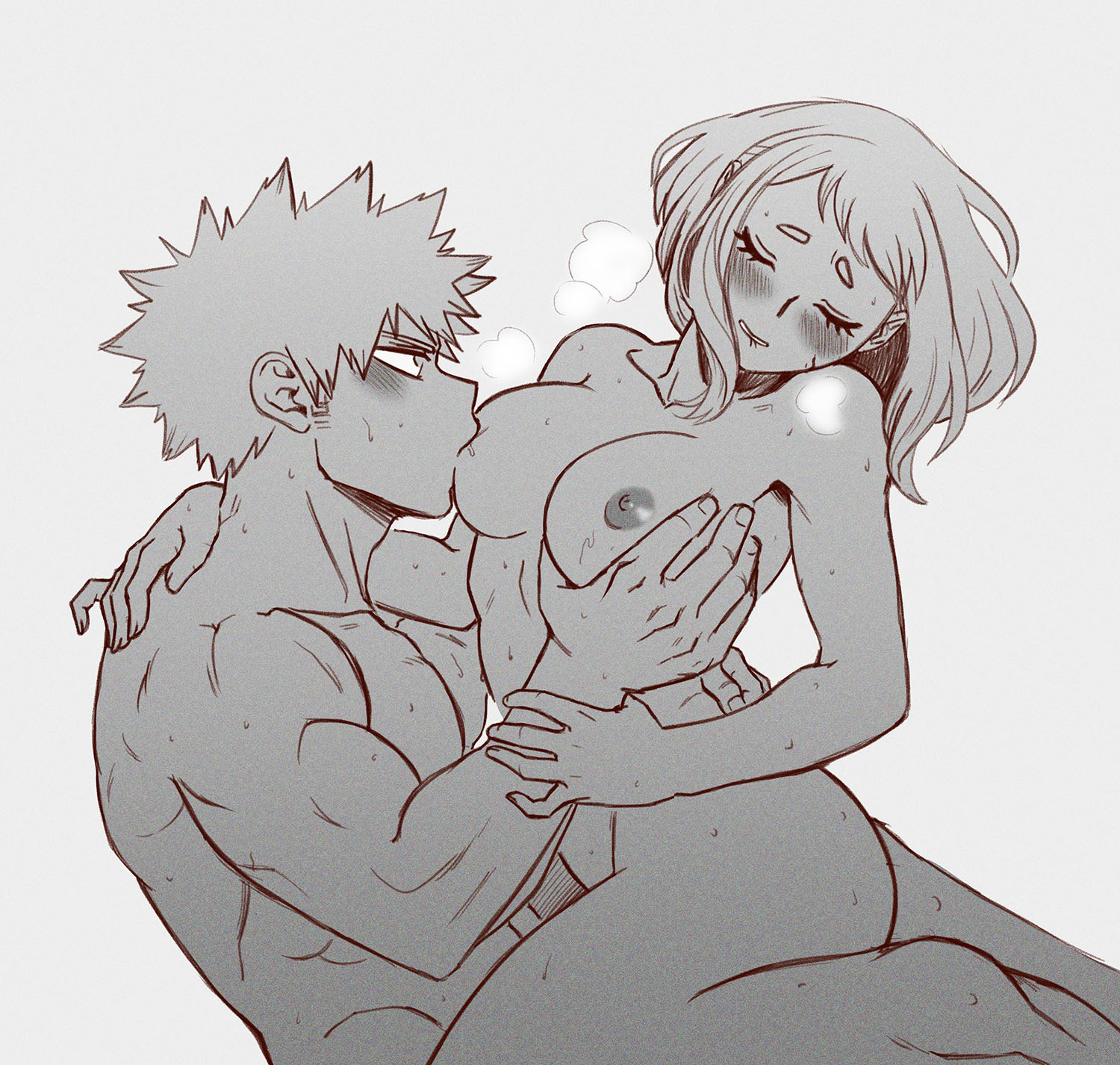 1boy, 1girls, breast sucking, breasts, cowgirl position, deb amm, debby-san, female, katsuki bakugou, lotus position, male, my hero academia, ochako uraraka, pussy, straight, sweating, vaginal penetration