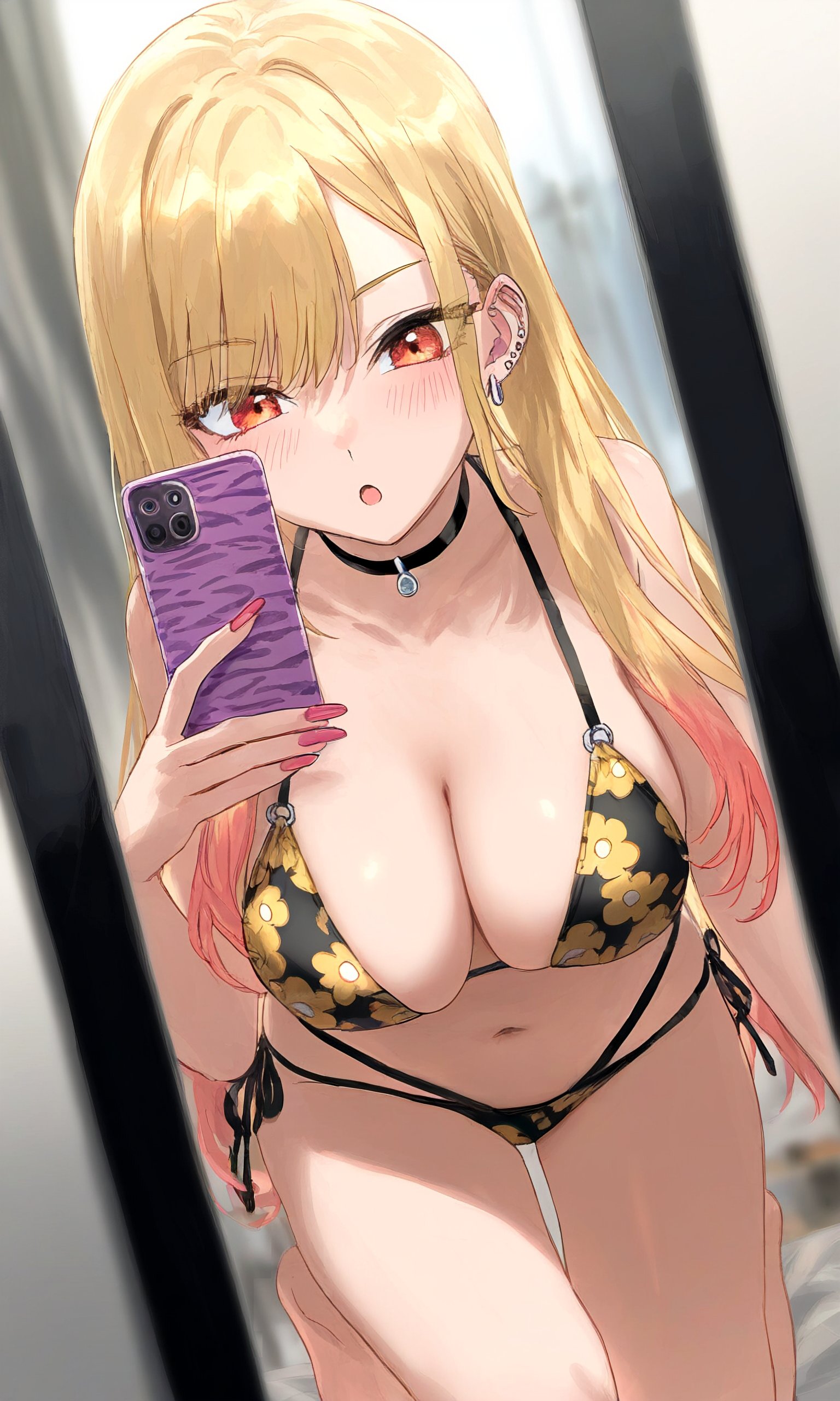 ai generated, belly button, bikini, blonde hair, blush, breasts, busty, choker, cleavage, curvy, curvy body, curvy female, curvy figure, ear piercing, earrings, female, female only, human, kitagawa marin, mirror, mirror reflection, mirror selfie, nail polish, open mouth, phone, red eyes, selfie, sono bisque doll wa koi wo suru, teenager, young