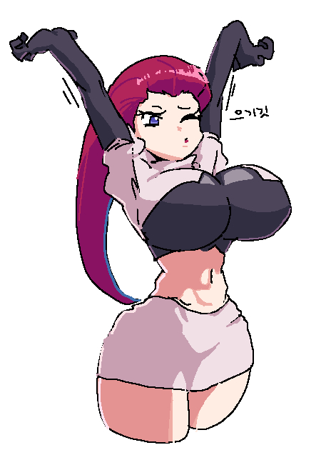 1girls, belly, black gloves, blue eyes, breasts, crop top, female, jessie (pokemon), korean text, large breasts, leebongchun, long hair, pink hair, pokemon, skin tight, solo, stretching, team rocket, text, white background