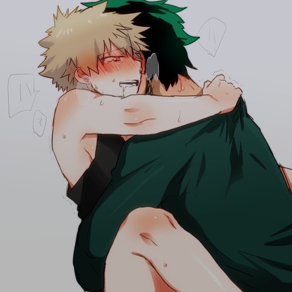 1boy, 1girls, arms around neck, artist request, blonde hair, blush, drooling, female, female bakugou, genderswap, green hair, izuku midoriya, katsuki bakugou, legs up, male, my hero academia, red eyes, rule 63