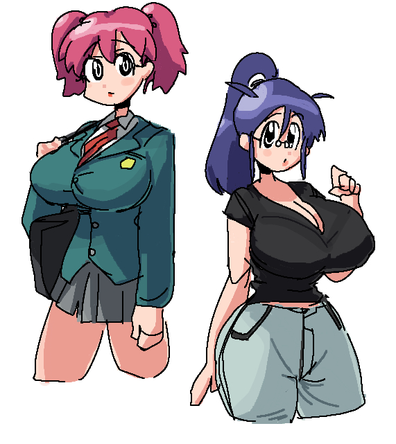 2girls aged_up ahoge black_shirt black_topwear blue_hair female glasses hinata_aki hinata_natsumi keroro_gunsou knee_up large_breasts leebongchun mature mature_female milf miniskirt pink_hair ponytail portrait school_uniform schoolgirl_uniform twintails white_background