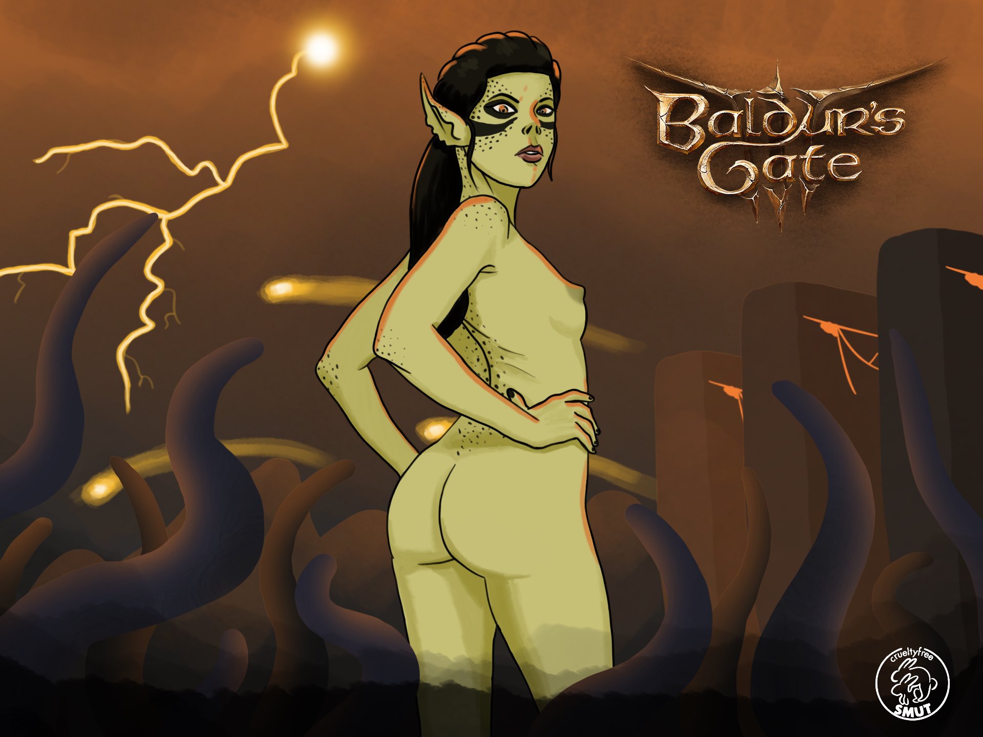 1girls, ass, avernus, baldur's gate, baldur's gate 3, black hair, breasts, crueltyfreesmut, dungeons and dragons, facepaint, female, female only, forgotten realms, gith, githyanki, hand on hip, hell, lae'zel, legs apart, logo, long ears, long hair, looking at viewer, looking back, nostrils, nude, open mouth, pinup, spots, tagme, tentacle, text, thighs, twitter username, yellow skin