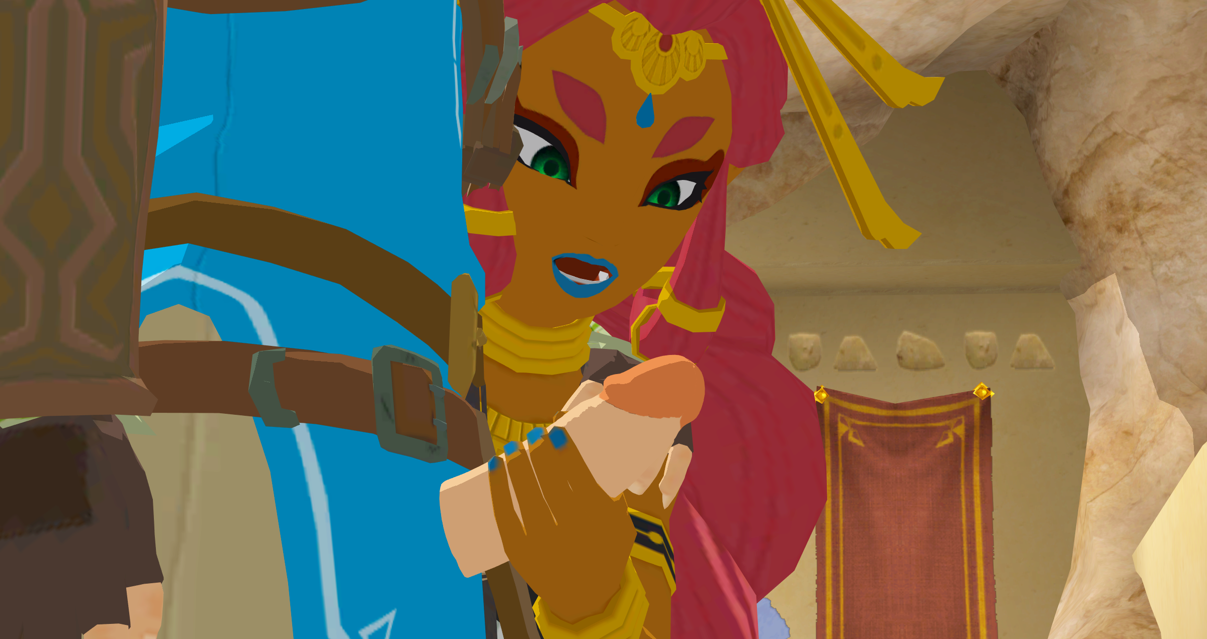 1boy, 1girls, 3d, 3d (artwork), breath of the wild, clothed, clothing, dark skin, dark-skinned female, daytime, female, gerudo, green eyes, handjob, holding penis, hylian, indoors, link, link (breath of the wild), long hair, looking at penis, male, nintendo, partial male, penis, penis awe, red hair, riju, the legend of zelda, xnalara, yesimtaco