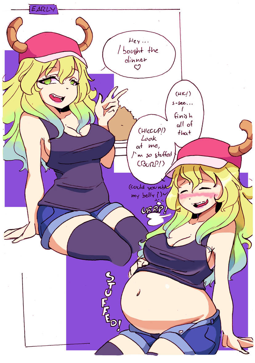 1girls belly_expansion bloated bloated_belly bloated_stomach bloated_tummy burp burping elpacha2 english_text fat fat_woman female female_only kobayashi-san_chi_no_maidragon lucoa lucoa_(maidragon) quetzalcoatl_(dragon_maid) solo text