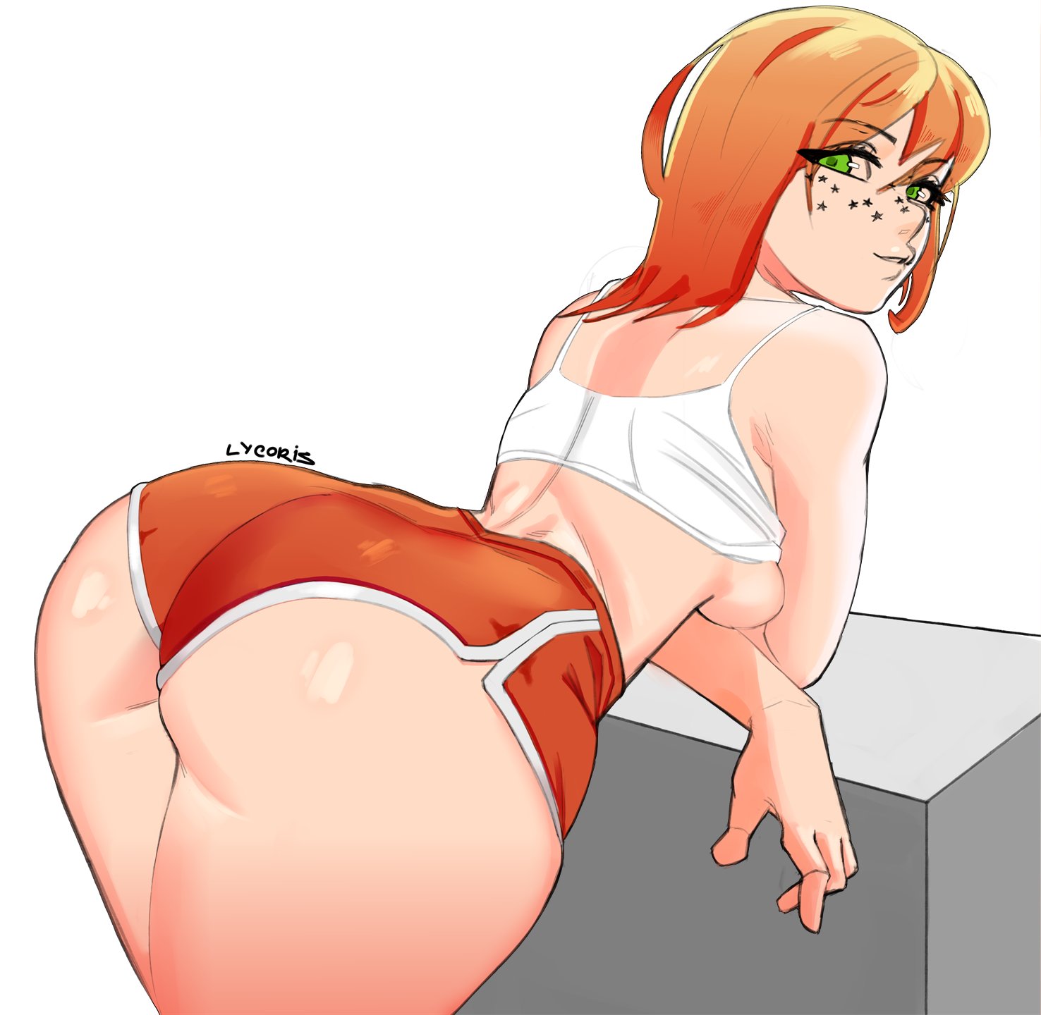 1girls, ass, big ass, bloomers, breasts, female, freckles, green eyes, gym shorts, light skin, light-skinned female, long hair, looking at viewer, looking back, lycoris (artist), orange hair, original, pale skin, pale-skinned female, thick ass, thighs, white background, wide hips