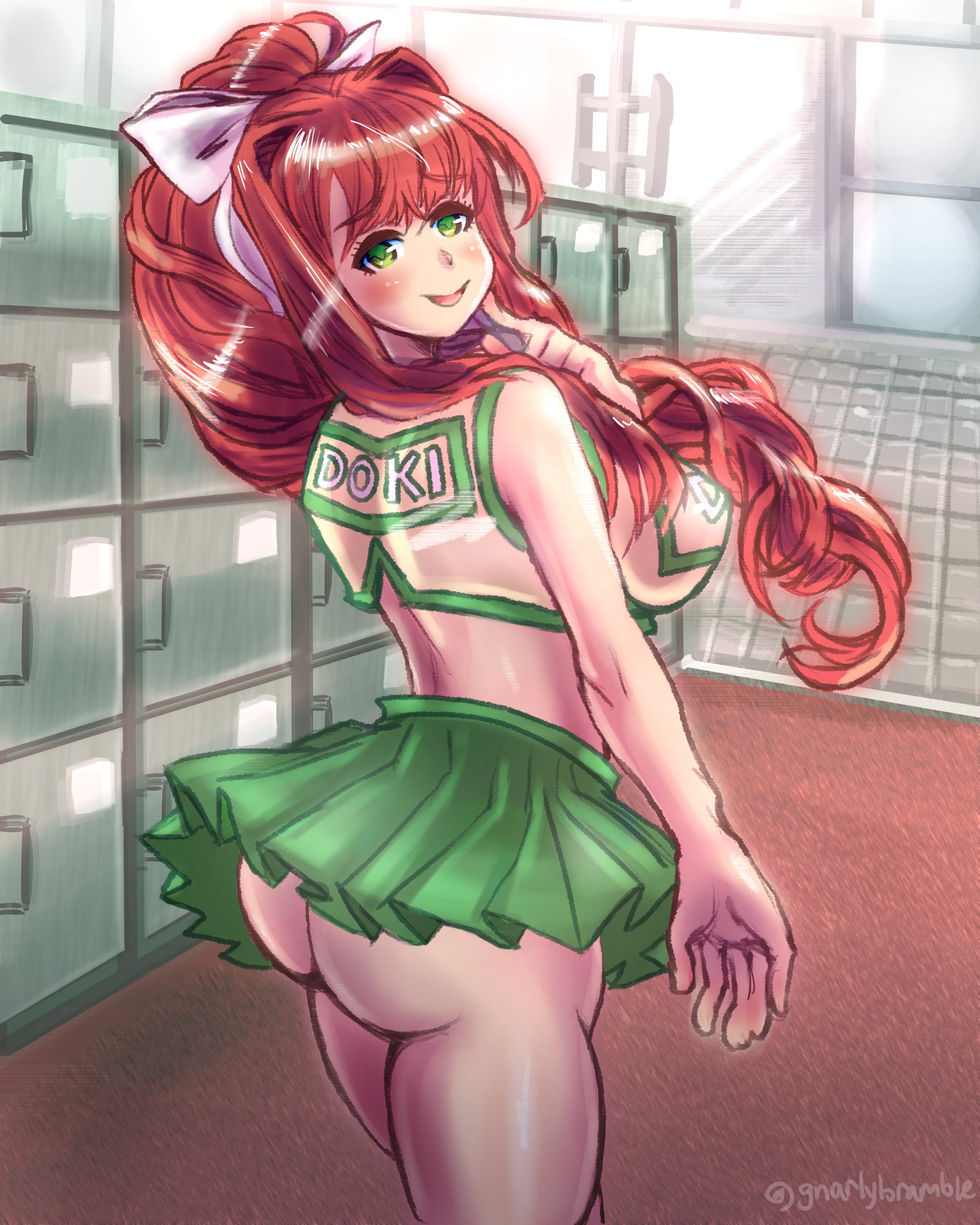 1girls, ass, big ass, big breasts, breasts, bubble ass, bubble butt, cheerleader, cheerleader uniform, doki doki literature club, female, female only, gnarlybramble, green eyes, green skirt, hair ribbon, high resolution, large breasts, light skin, light-skinned female, locker room, long hair, miniskirt, monika (doki doki literature club), pale skin, pale-skinned female, ponytail, sideboob, standing, thick ass, thick thighs, thighs, very long hair