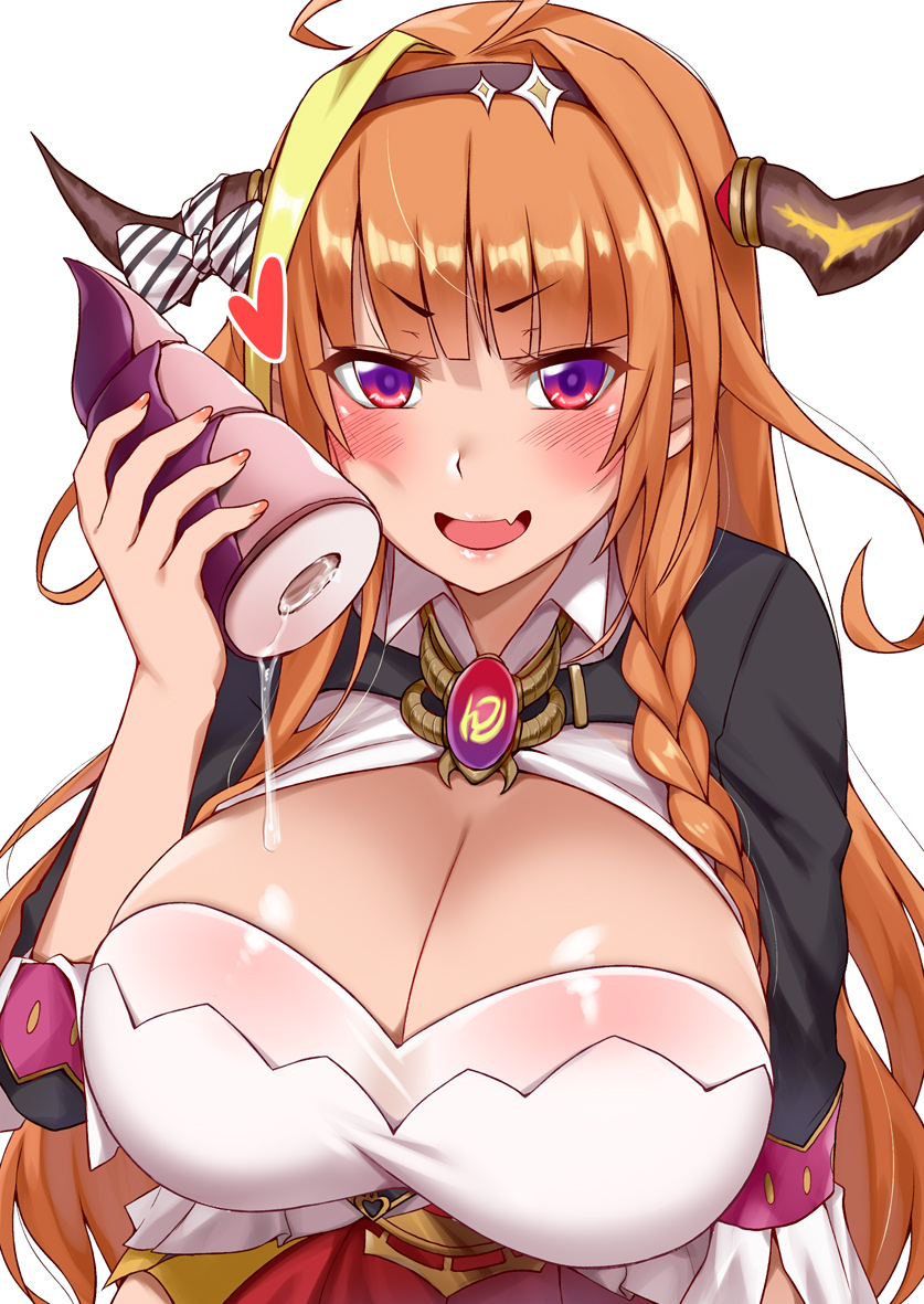 blush, breasts, cleavage, darkmaya, dragon girl, female, holoforce, hololive, hololive japan, horns, inviting, kiryu coco, onahole, open mouth, orange hair, purple eyes, sex toy, solo, virtual youtuber
