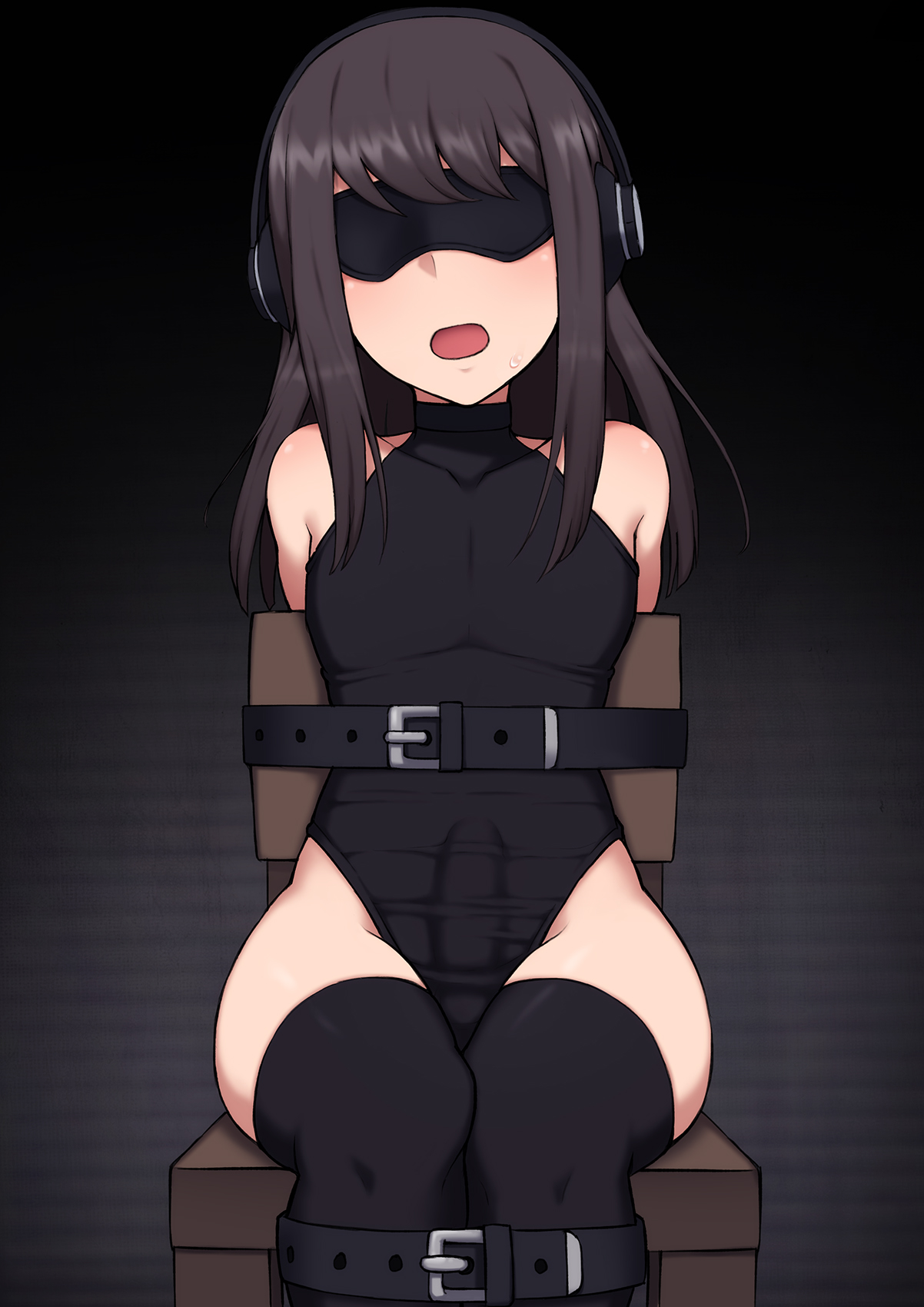 1boy, artist cg, ayu/ayumu shiratori, black hair, blindfold, bondage, crossdressing, erection, femboy, josou mesu ochi fuuki iin kiyoku tadashii mohansei ga inran bitch ni ochiru made, long hair, male, male only, penis, penis under clothes, sitting, solo, stockings, tied up, trap, wataya 2