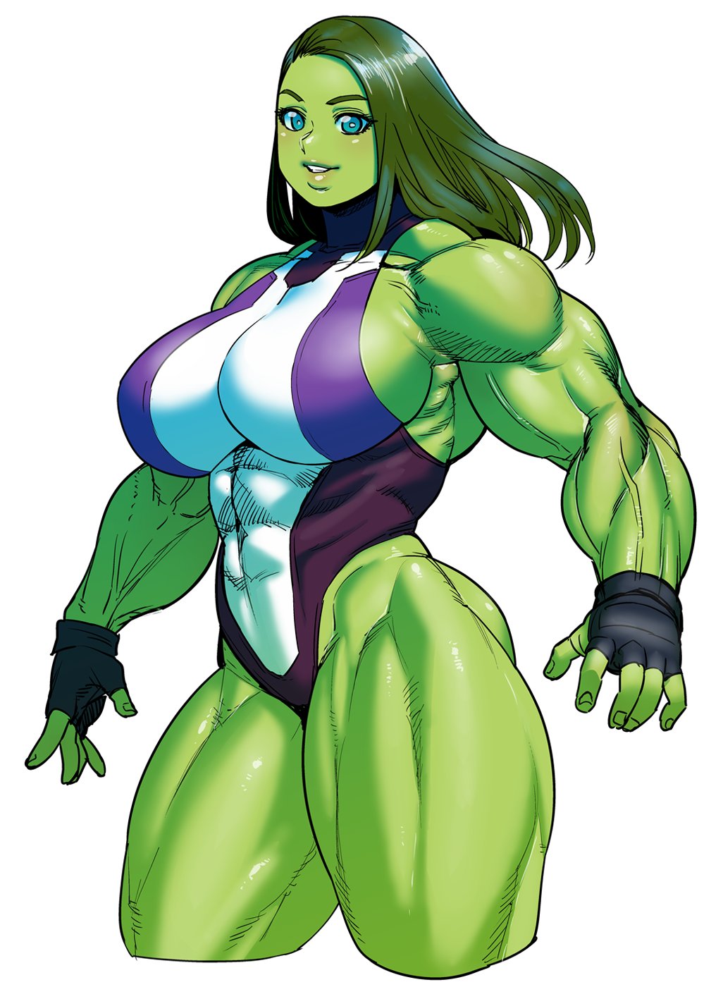 1girls, abs, avengers, big breasts, blue eyes, breasts, clothed, female, female only, fingerless gloves, giant breasts, gloves, green body, green hair, green skin, huge breasts, hulk (series), leotard, long hair, looking at viewer, marvel, marvel comics, muscles, muscular, muscular female, muscular thighs, she-hulk, solo, solo female, synecdoche, tagme, thick thighs, thighs, white background