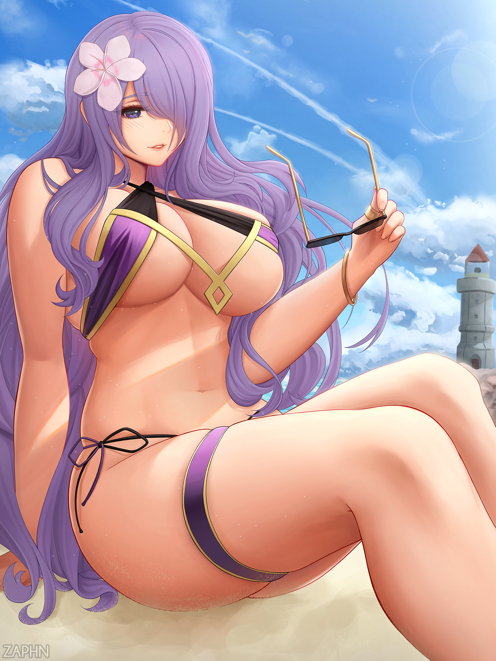 1girls, alternate costume, beach, big breasts, bikini, breasts, camilla (fire emblem), curvy, eyewear removed, female, fire emblem, fire emblem fates, flower, flower in hair, huge breasts, large breasts, lighthouse, lips, long hair, looking at viewer, mature female, nintendo, one eye covered, purple eyes, purple hair, small bikini, smile, solo, solo female, string bikini, sunglasses, sunglasses removed, swimsuit, tower, very long hair, voluptuous, wavy hair, white flower, zaphn