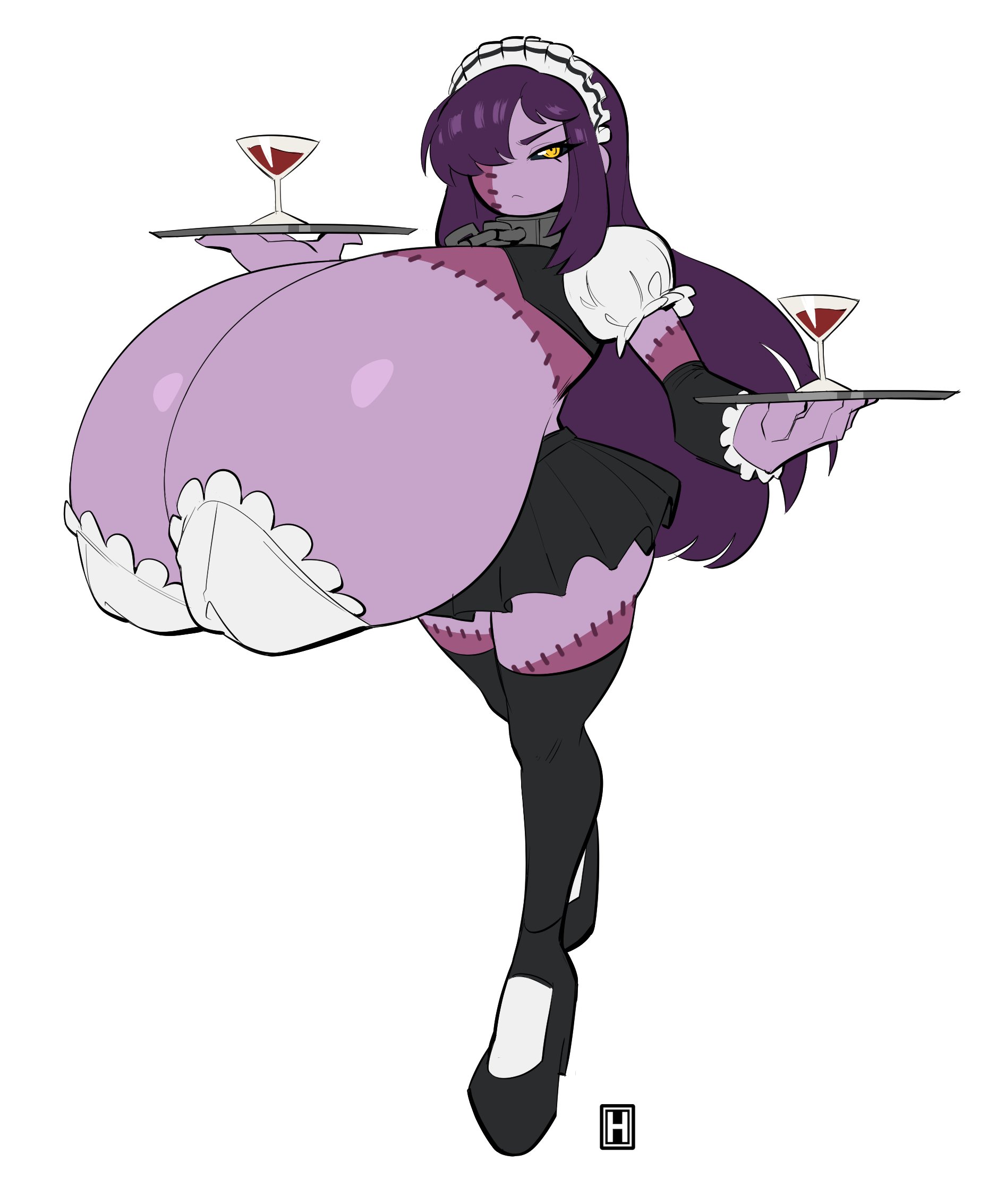 1girls, angry, annoyed, black sclera, black skirt, breasts, bursting breasts, chain, champagne glass, cleavage, collar, detached sleeves, female, female only, gigantic breasts, glass, hair over one eye, huge breasts, hyper breasts, long breasts, long hair, looking at viewer, maid, nipple bulge, patchwork skin, plate, platform boots, platform footwear, puffy sleeves, purple hair, purple skin, sagging breasts, skindentation, skirt, small but busty, solo, stitches, thehelmetguy, thick thighs, thighhigh boots, thighhighs, tight clothing, topless, tsundere, two-tone skin, undead, waitress, wine, yellow eyes, zombie, zombie girl