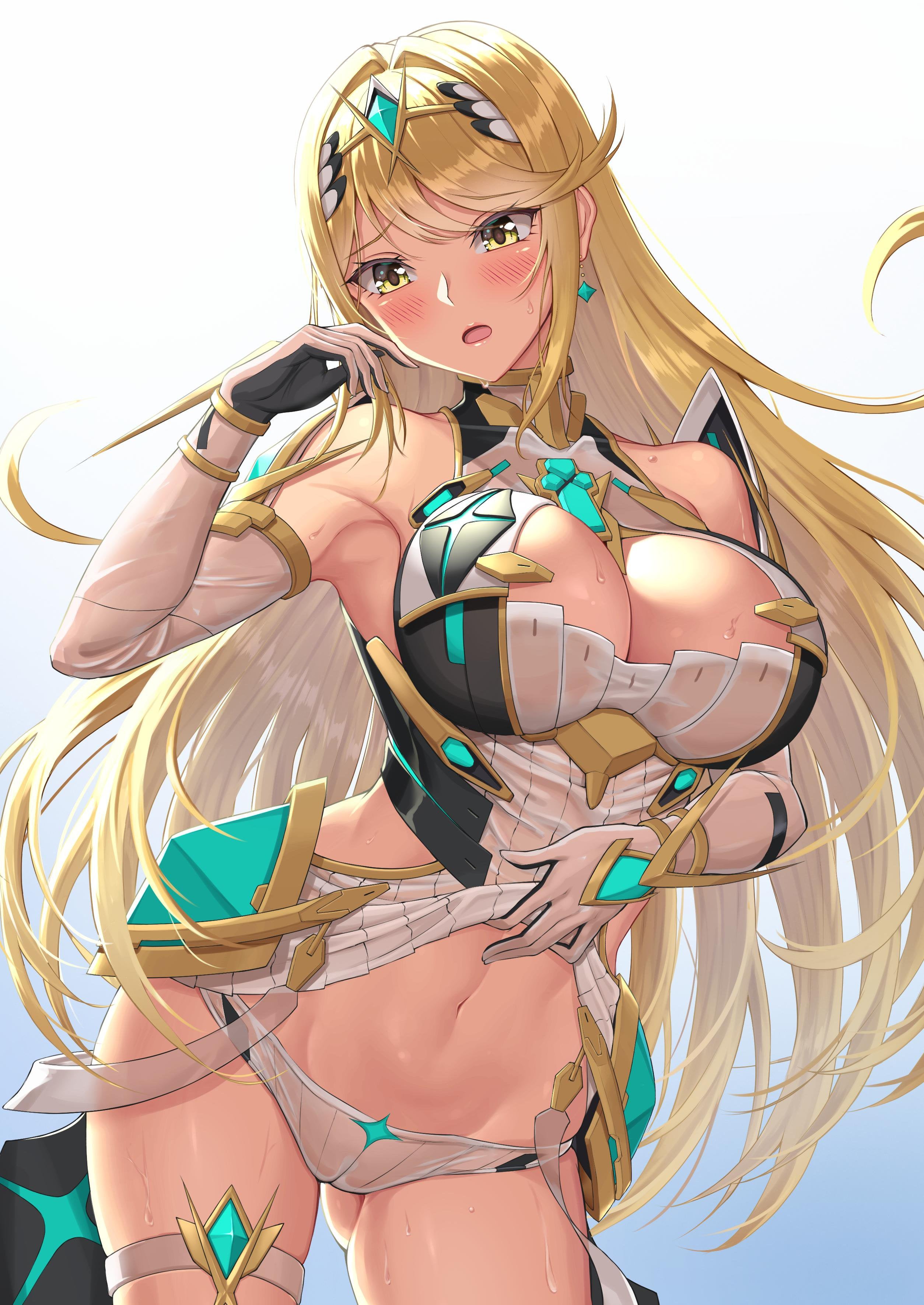 1girls, absurd res, bangs, bare shoulders, blonde hair, blush, breasts, chest jewel, cleavage, core crystal, cowboy shot, dress, dress lift, earrings, eyebrows visible through hair, female, female only, gem, gloves, gradient, gradient background, grey background, highres, jewelry, large breasts, long hair, mythra, navel, nintendo, panties, skirt, skirt pull, smile, smiling, solo, sssemiii, sweat, swept bangs, thigh strap, tiara, underwear, very long hair, wet, white background, white dress, white gloves, white panties, wide hips, xenoblade (series), xenoblade chronicles 2, yellow eyes