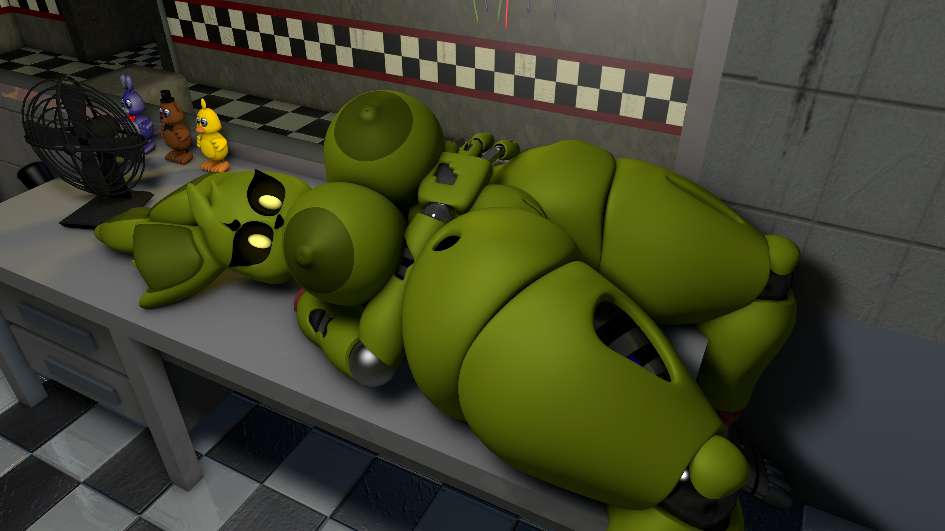 16:9, 2020, 3d, 4k, absurd res, animatronic, fazbear frights (location), female, five nights at freddy's, five nights at freddy's 3, geometryboymejia, hi res, lagomorph, leporid, machine, mammal, nipples, nude, rabbit, robot, solo, springtrap, springtrap (fnaf), video games, widescreen