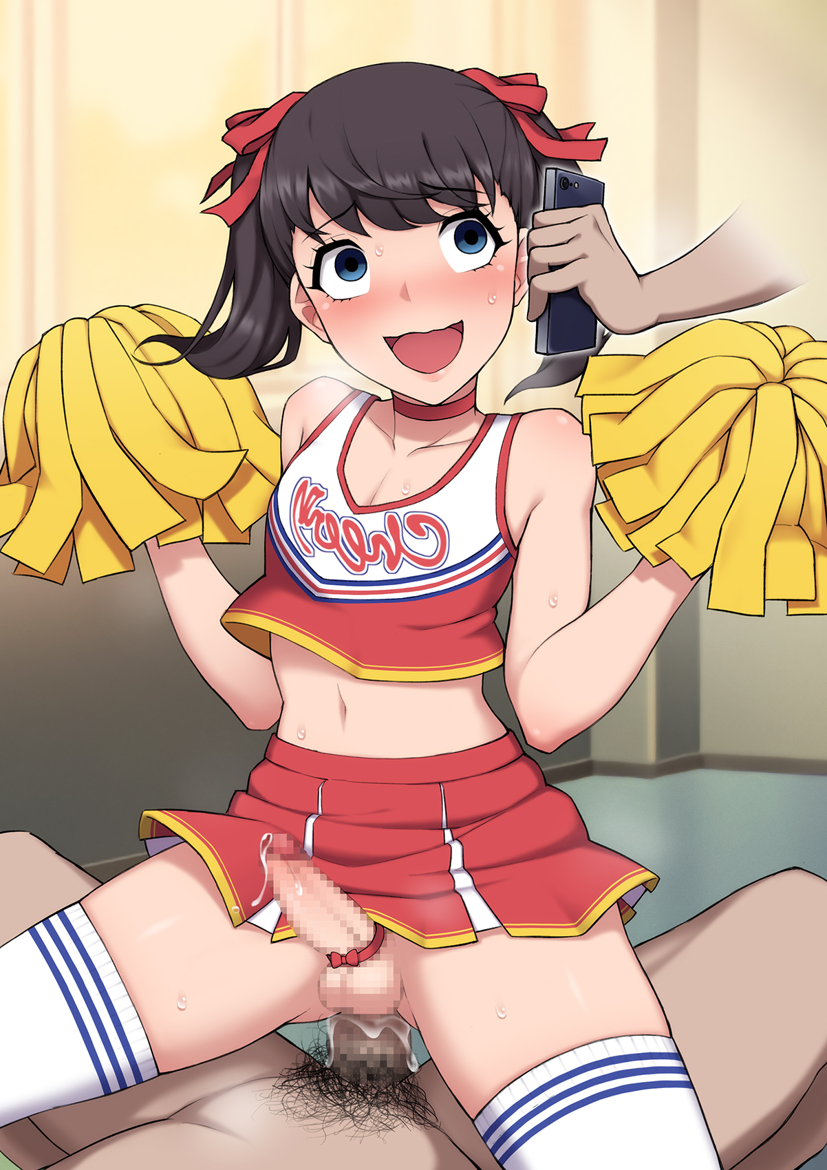 2boys, ahe gao, anal, anal sex, androgynous, artist cg, ass, ayu/ayumu shiratori, black hair, bottomless, censored, cheerleader, cheerleader outfit, cheerleader uniform, cowgirl position, crossdressing, cum, cum in ass, erection, female, femboy, feminine male, girly, josou mesu ochi fuuki iin kiyoku tadashii mohansei ga inran bitch ni ochiru made, male, male cheerleader, male only, mosaic censoring, penis, phone, pom poms, precum, riding penis, sex, sitting, sitting on penis, skirt, smartphone, smile, stockings, trap, twintails, wataya 2, yaoi