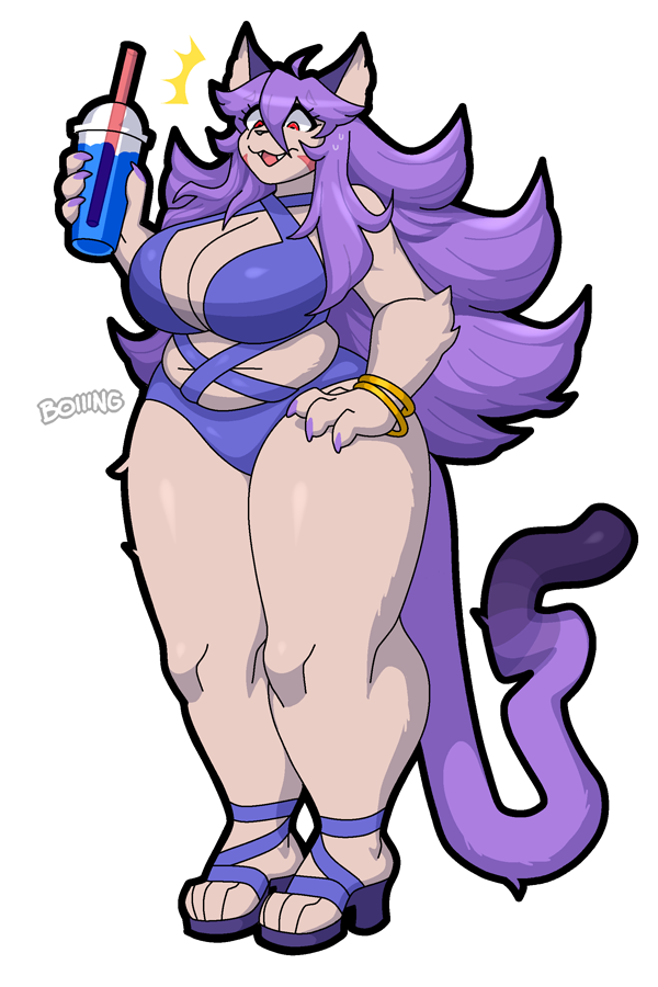 big_belly big_legs bikini breasts cat_ears cat_girl cat_tail chubby cleavage digestion digestion_noises fur furry hypnofood opera_kranz purple_hair solatorobo tagme thick thick_thighs