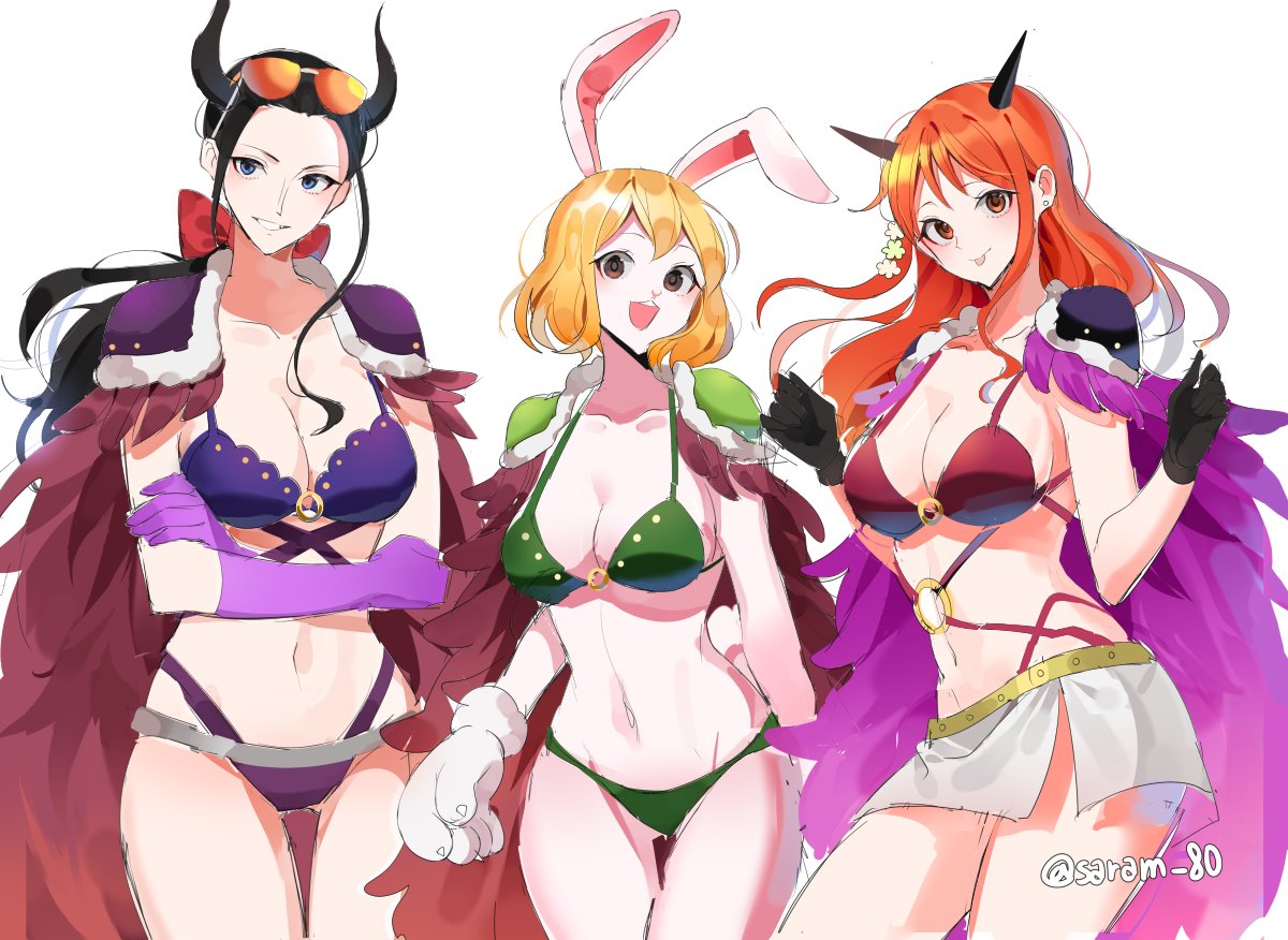 3girls anthro arms_folded beast_pirates beast_pirates_(cosplay) bikini bikini_uniform black_hair blonde_hair bra bunny_ears cape carrot_(one_piece) female female_only furry gloves hair_ornament horn horns latex light-skinned_female long_hair nami navel nico_robin one_piece orange_hair panties post-timeskip rabbit_ears rabbit_humanoid saram_80 short_hair shoulder_pads skimpy skirt smile standing sunglasses_on_head swimsuit tongue_out