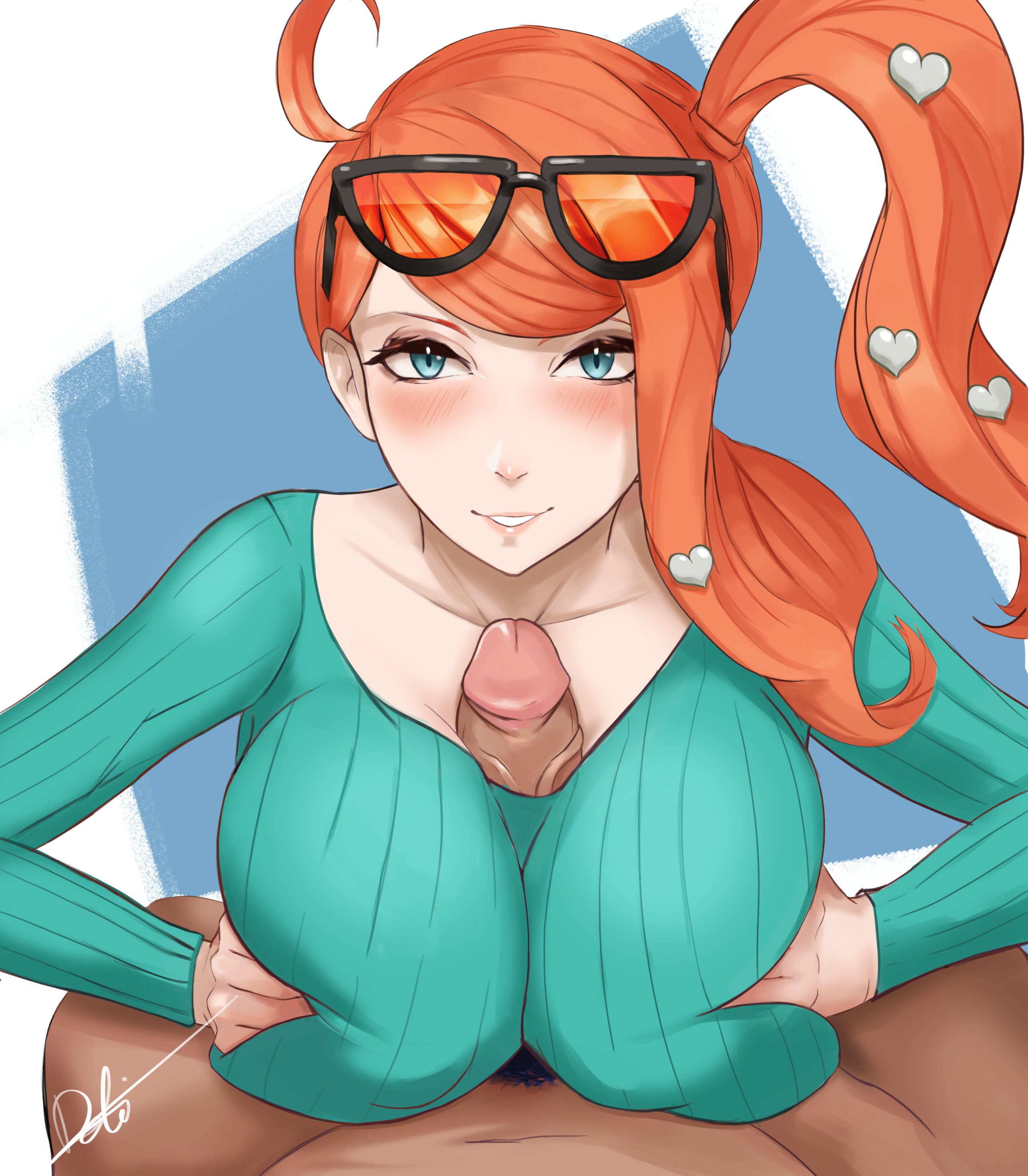 1boy, 1girls, alternate breast size, aqua eyes, big breasts, blush, breasts, covered paizuri, dark skin, dark-skinned male, deliciousbra, eye contact, female, glasses, huge breasts, interracial, large breasts, leon (pokemon), light skin, light-skinned female, looking at viewer, male, nintendo, orange hair, paizuri, paizuri under clothes, pale skin, pale-skinned female, penis, pokemon, pokemon ss, ponytail, pubic hair, side ponytail, sonia (pokemon), straight, sunglasses on head, sweater, unseen male face