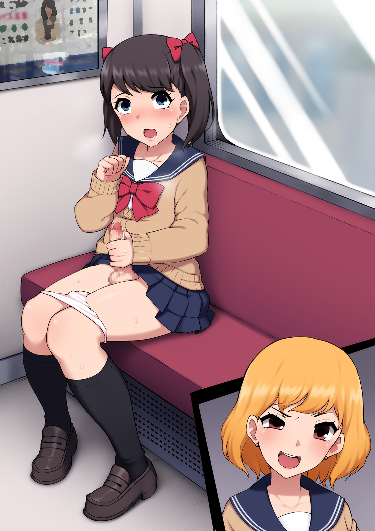 1boy, 1girls, akemi kuroki, artist cg, ayu/ayumu shiratori, black hair, blonde hair, censored, crossdressing, erection, exhibitionism, female, femboy, holding penis, josou mesu ochi fuuki iin kiyoku tadashii mohansei ga inran bitch ni ochiru made, kneehighs, looking at viewer, male, male focus, masturbation, medium hair, mosaic censoring, panties, panties down, penile masturbation, penis, precum, school uniform, serafuku, sitting, skirt, solo focus, tears, trap, twintails, wataya 2