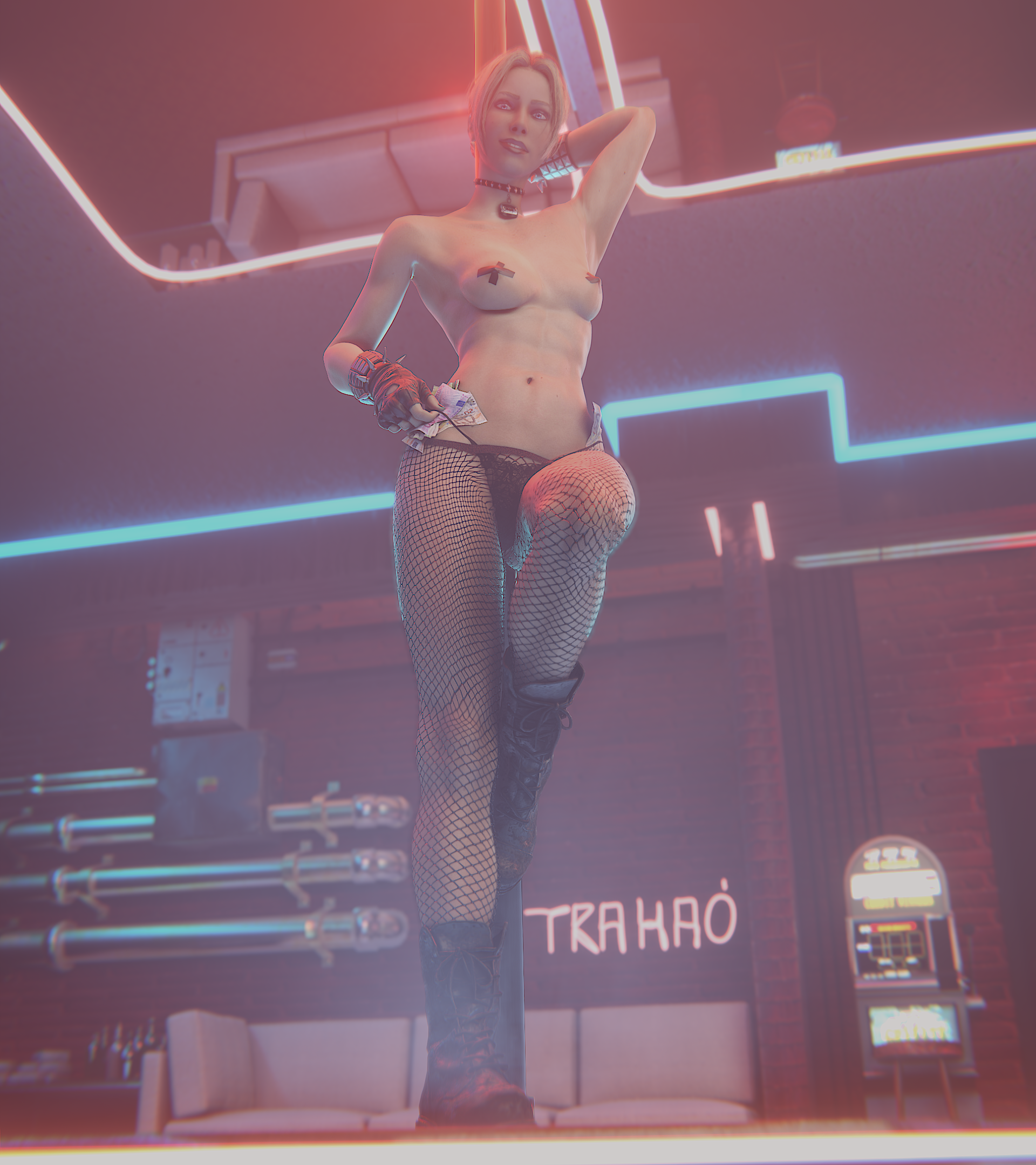 1girls, 3d, abs, blonde hair, boots, breasts, collar, female, female only, fishnets, fit, fit female, iq (rainbow six), looking at viewer, money, panties, prostitute, rainbow six, rainbow six siege, small breasts, smile, solo, stripper, stripper pole, taped nipples, thick thighs, tom clancy, trahao