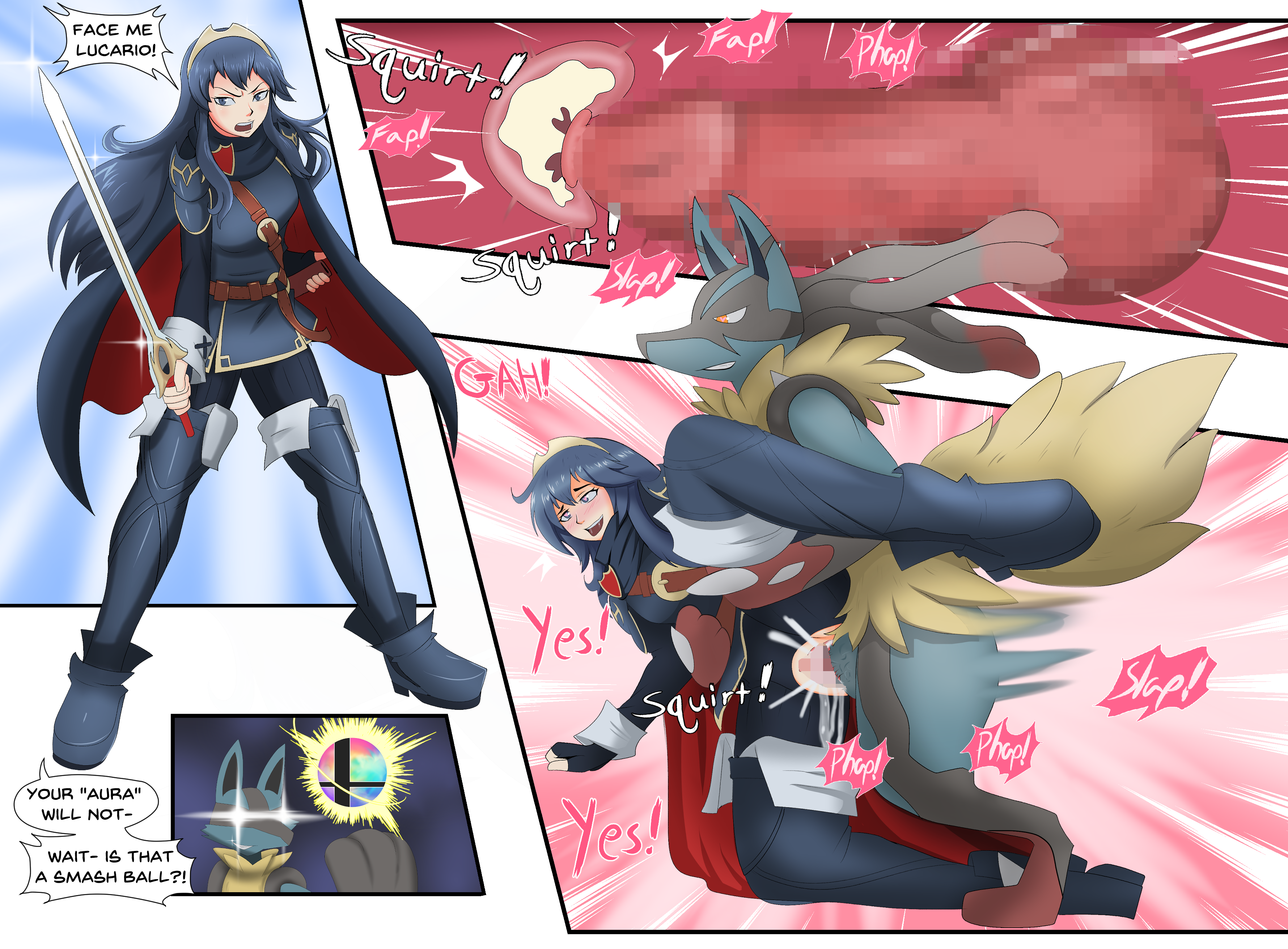1boy, 1girls, 2020, blue eyes, blue hair, blush, censored, clothed sex, clothing, crossover, cum, cum in pussy, cum in uterus, cum inside, cutout, dialogue, english text, female, female human, female on feral, feral, fire emblem, fire emblem awakening, from behind, game freak, heart-shaped pupils, human, human on feral, instant loss 2koma, interspecies, long hair, lucario, lucina (fire emblem), male, male lucario, mega evolution, mega lucario, nintendo, open mouth, penetration, penis, pokemon, pokemon (species), pokemon dppt, pokephilia, pussy, pussy cutout, redradrebel, sex, smash ball, spread legs, straight, super smash bros., sword, text, torn clothes, uterus, vaginal penetration, weapon, x-ray