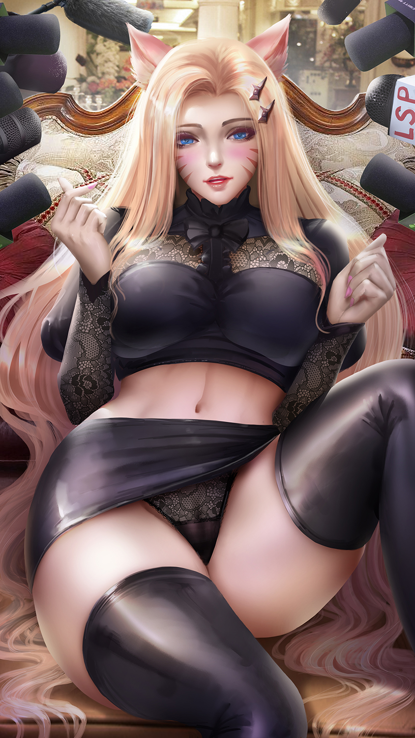 ahri animal_ears black_panties blonde_hair blue_eyes blush clothing fox_ears hair_ornament k/da_ahri k/da_all_out_ahri k/da_all_out_series k/da_series league_of_legends looking_at_viewer miniskirt navel panties riot_games the_baddest_ahri thighhighs upskirt very_long_hair windwalker